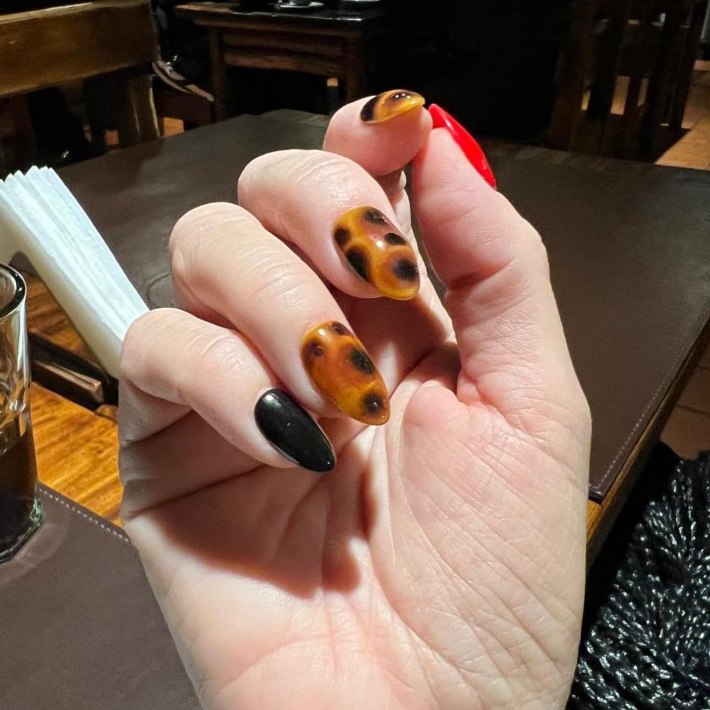 Tortoise Luxe Press-On Nails Short Almond | Handmade Tortoiseshell Red and Black Nails | Reusable False Nails | Elegant Custom Nail Set (Tortoise Shell Red and Black, S Short Almond)
