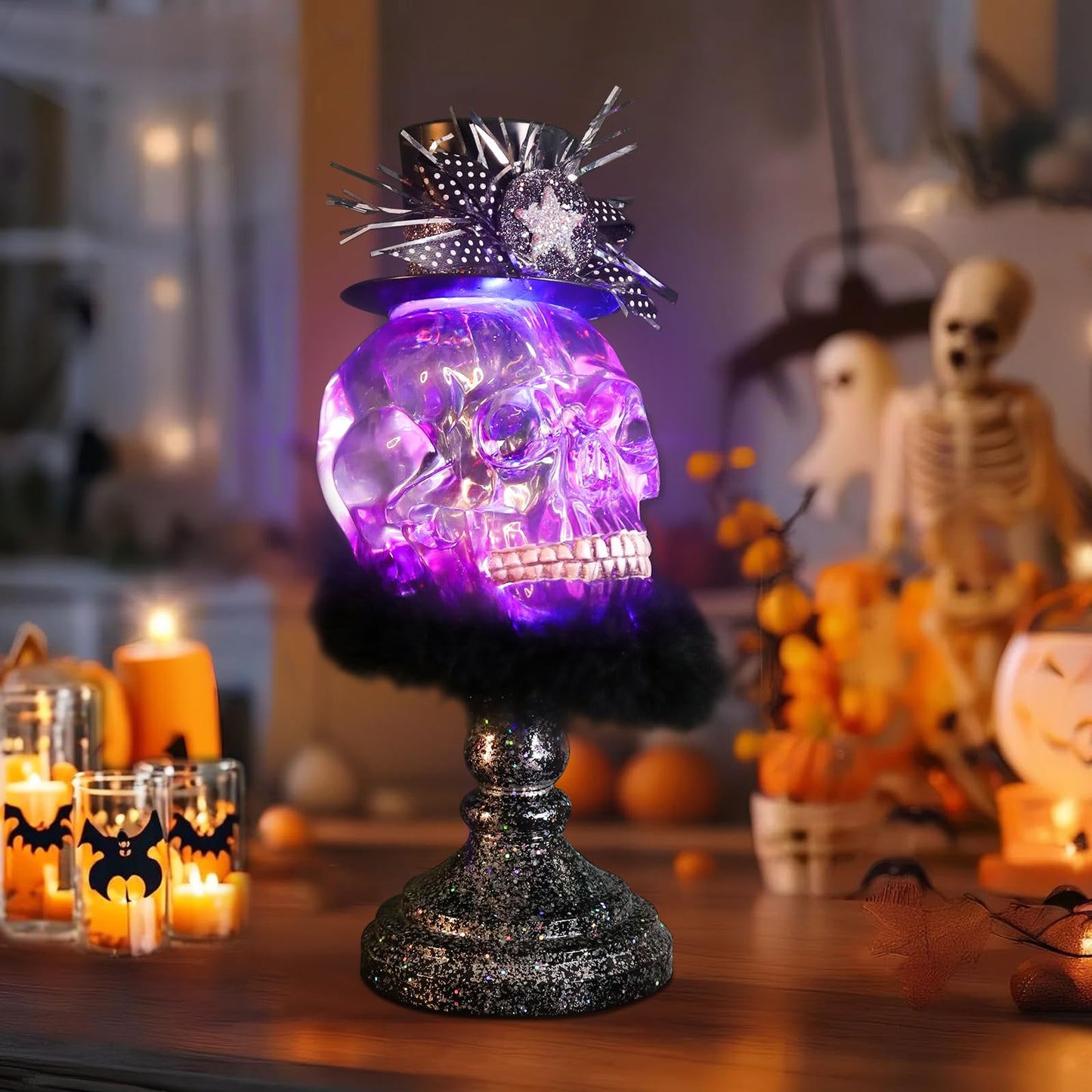 WONDER GARDEN Skulls Halloween Decor - Dressed Acrylic Skeleton Heads with Magic Hat Skull Decor, Halloween Decorations Indoor and Party Supplies