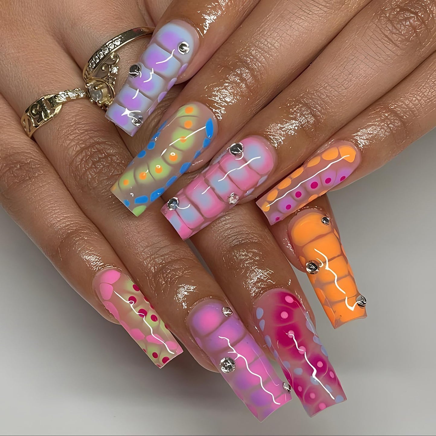 IMSOHOT Press on Nails Long Square Fake Nails Colorful Crocodile Print False Nails with Rhinestone Design Glossy Full Cover Artificial Acrylic Stick on Nails Nail Art