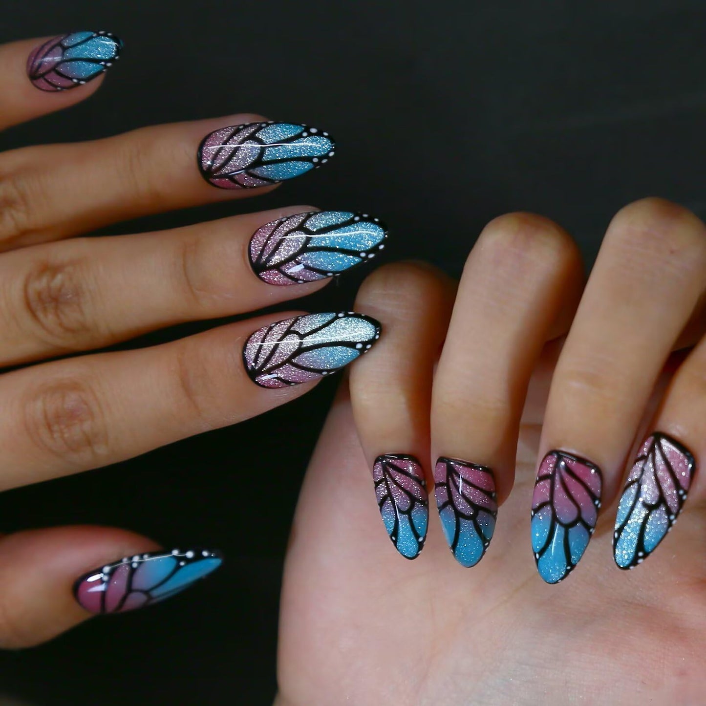 Press on nails-ARTIXY Handmade Nails Medium Almond fake Nails,Butterfly pattern 3D press ons, Reusable Acrylic Stick Ons False Nails Kit for Women, with Nail File, Homemade& Salon quality (10Pcs-M)