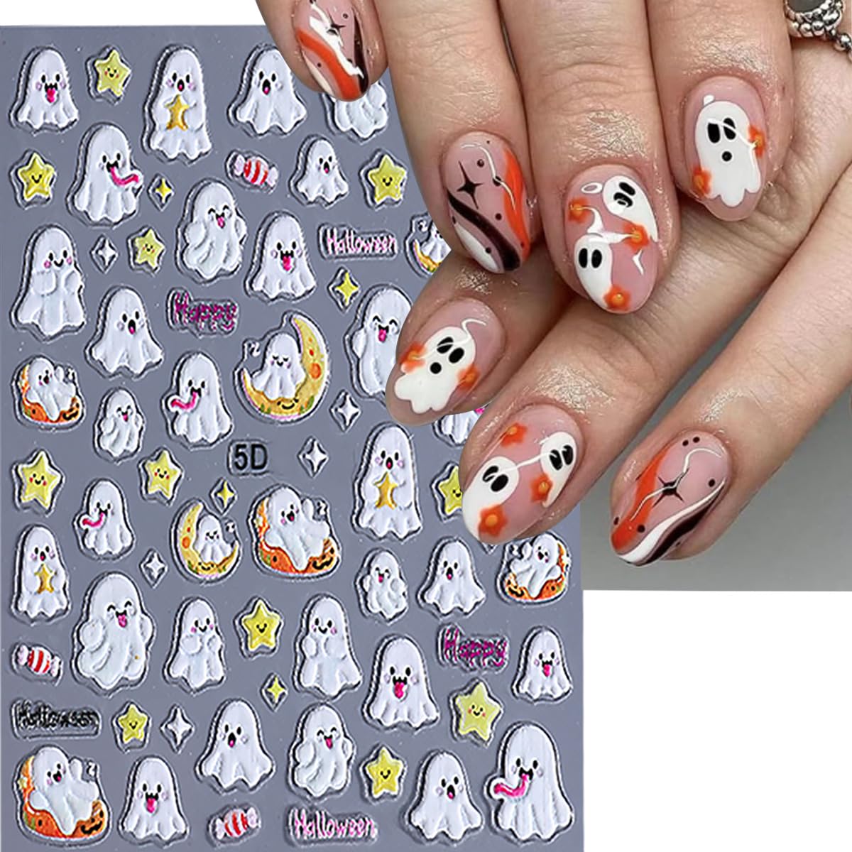 3 Sheets Halloween 5d Embossed Cute Ghost Nail Art Stickers Self Adhesive Pumpkin Spider Web Nail Decals Exquisite Star Moon Nail Design Stickers Holiday Nail Art Supplies for Women Decorations Tips