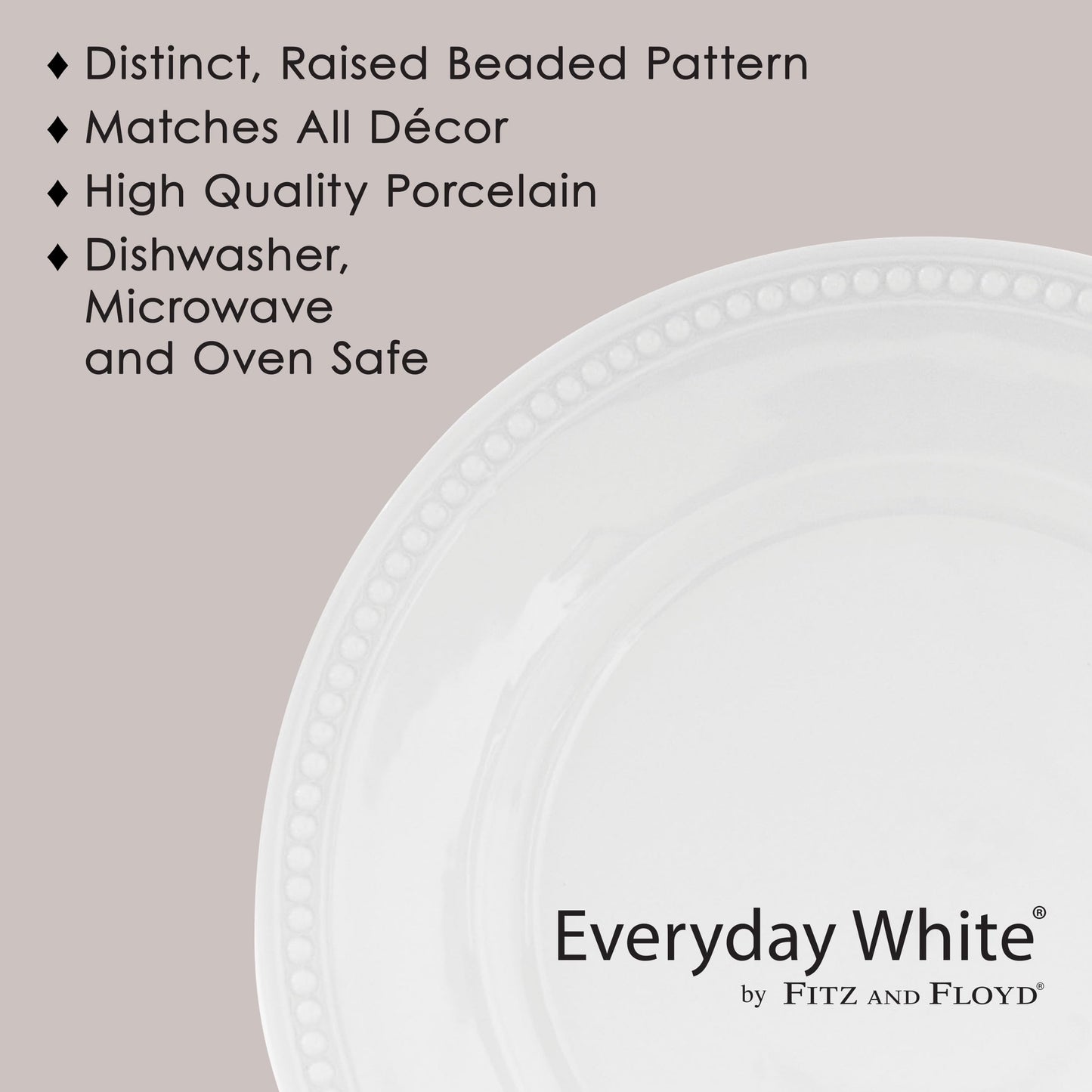 Everyday White by Fitz and Floyd, Beaded 16 Piece Dinnerware Set, Service for 4