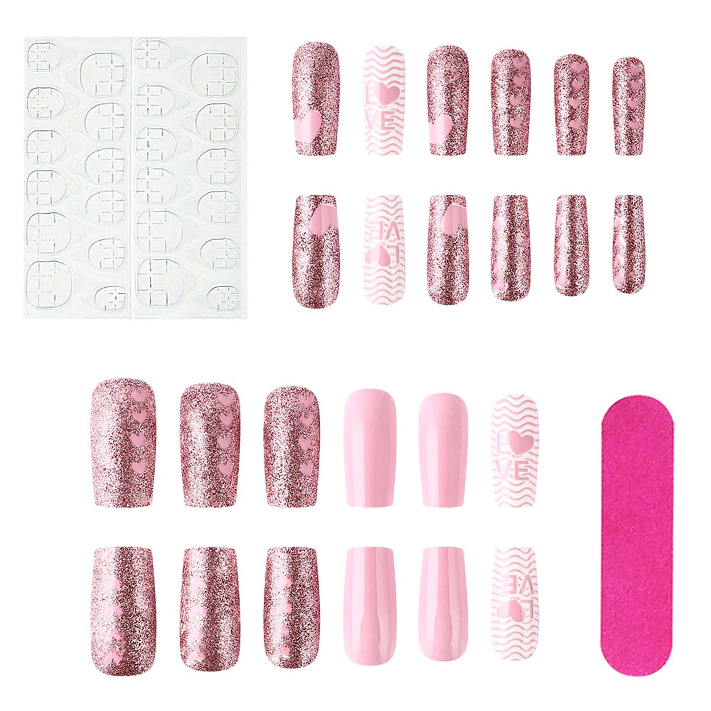 Valentine's Pink Love Heart Fake Nails Press on Nails Medium Square Glitter Powder Design Full Cover Acrylic Nails Set Artificial Coffin Nails Glossy Valentine's Glue on Nails for Women 24Pcs
