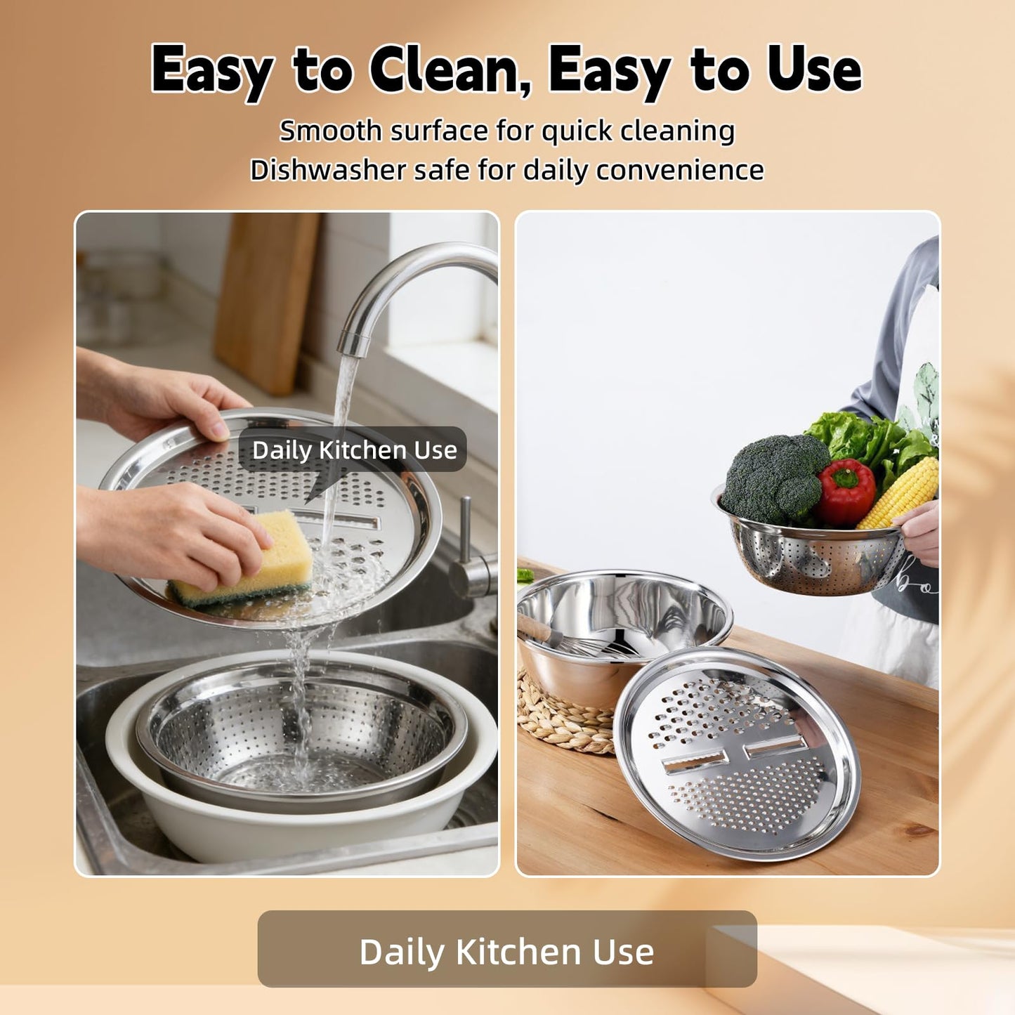 Germany Multifunctional Stainless Steel Basin - 2026 New 3-in-1 Grater Strainer and Drain Basket Set with Vegetable Slicer, 10.24 Inch for Kitchen Rinsing Draining Mixing