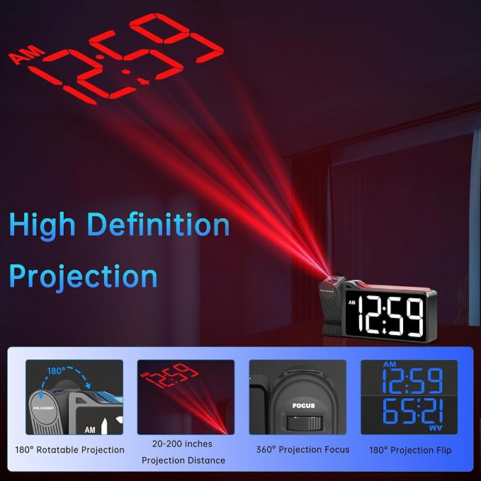 Peakeep Projection Alarm Clock for Bedroom Ceiling with Colorful Nightlight