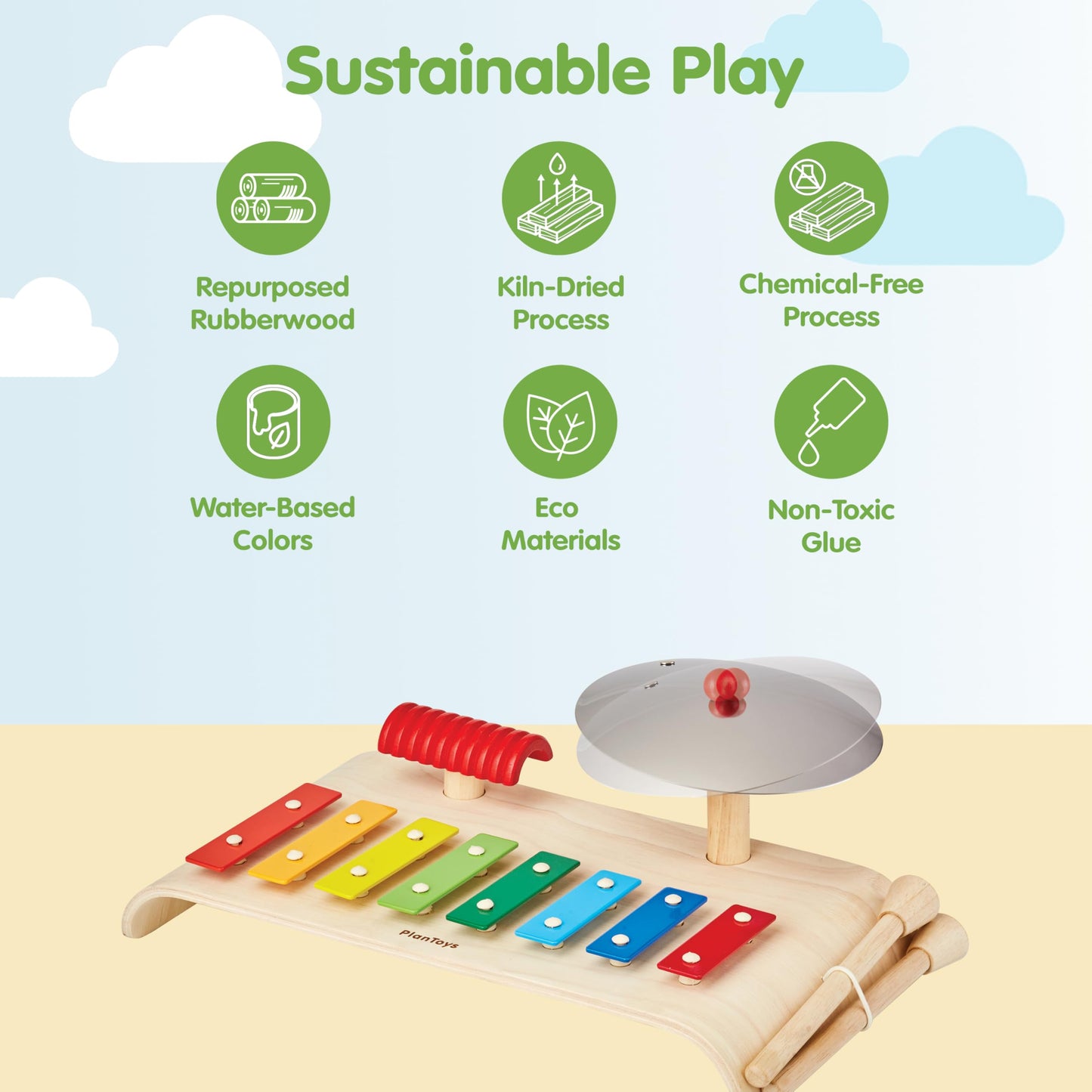 PlanToys® Musical Set Wooden Montessori Drum, Cymbal and Xylophone Toy | Early Sensory Exploration, Coordination and Creative Expression | Eco Friendly Music Set