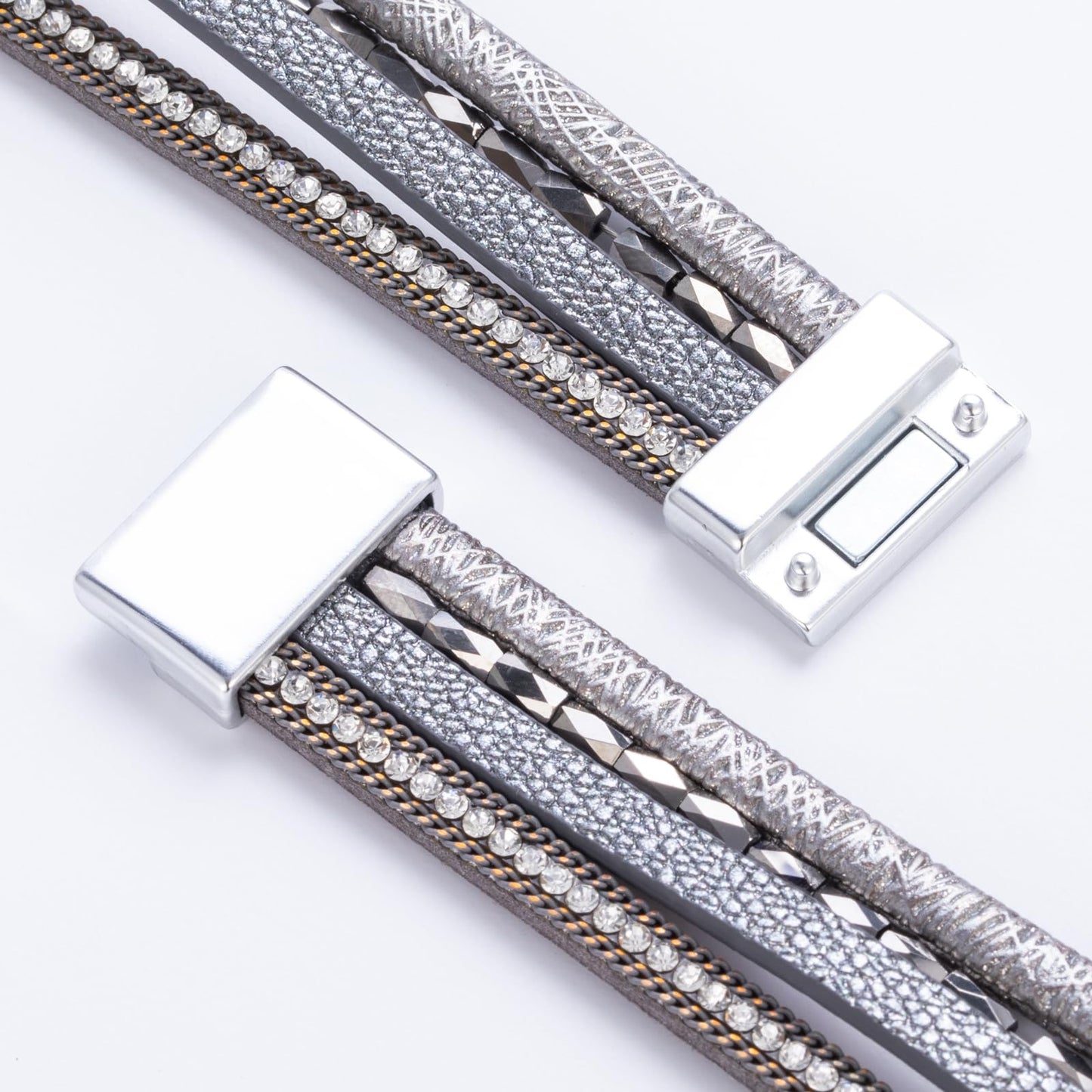 FANCY SHINY Boho Leather Wrap Bracelet Stackable Chunky Crystal Cuff Bracelets with Magnetic Clasp Cowboy Cowgirl Western Summer Beach Outfits Jewelry Gifts for Women (7.7", Grey)