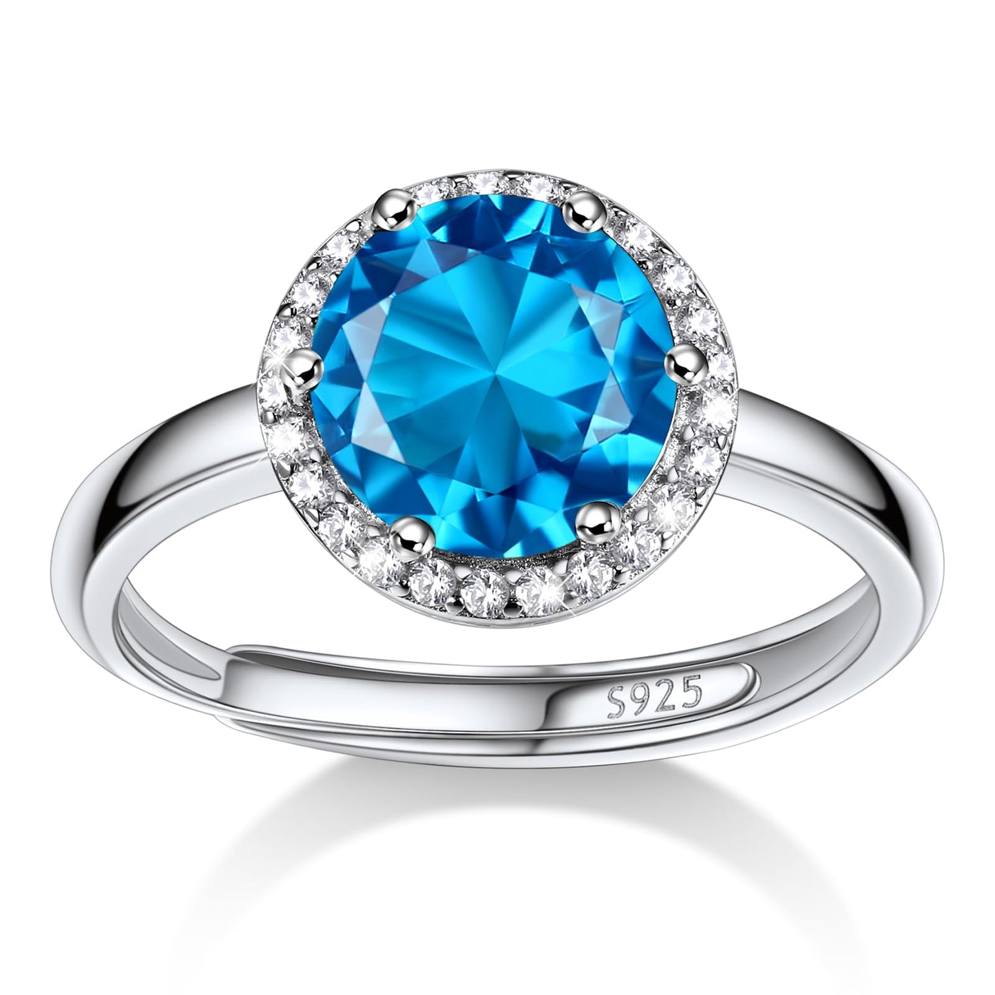 Bestyle CZ Round Diamond Rings 5mm December Blue Topaz Birthstone Solitaire Rings, 925 Sterling Silver Rings Jewelry Gift for Wedding Anniversary Birthday
