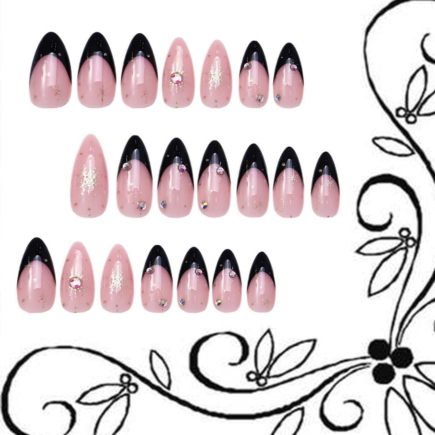 Black French Tip Press on Nails Medium Gold Glitter Rhinestones Design Almond Tip Press Ons False Nail Full Cover Artificial Nails Reusable Handmade Glue on Nails for Women 24Pcs