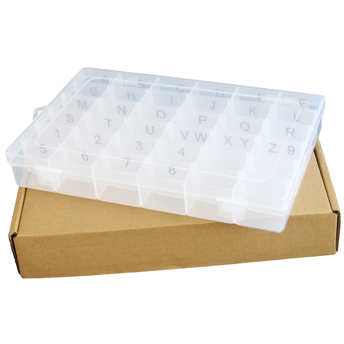 Plastic Organizer Container Box with Adjustable Dividers - 36 Compartments for Letter Board Letters - Stickers Pre Applied to Dividers