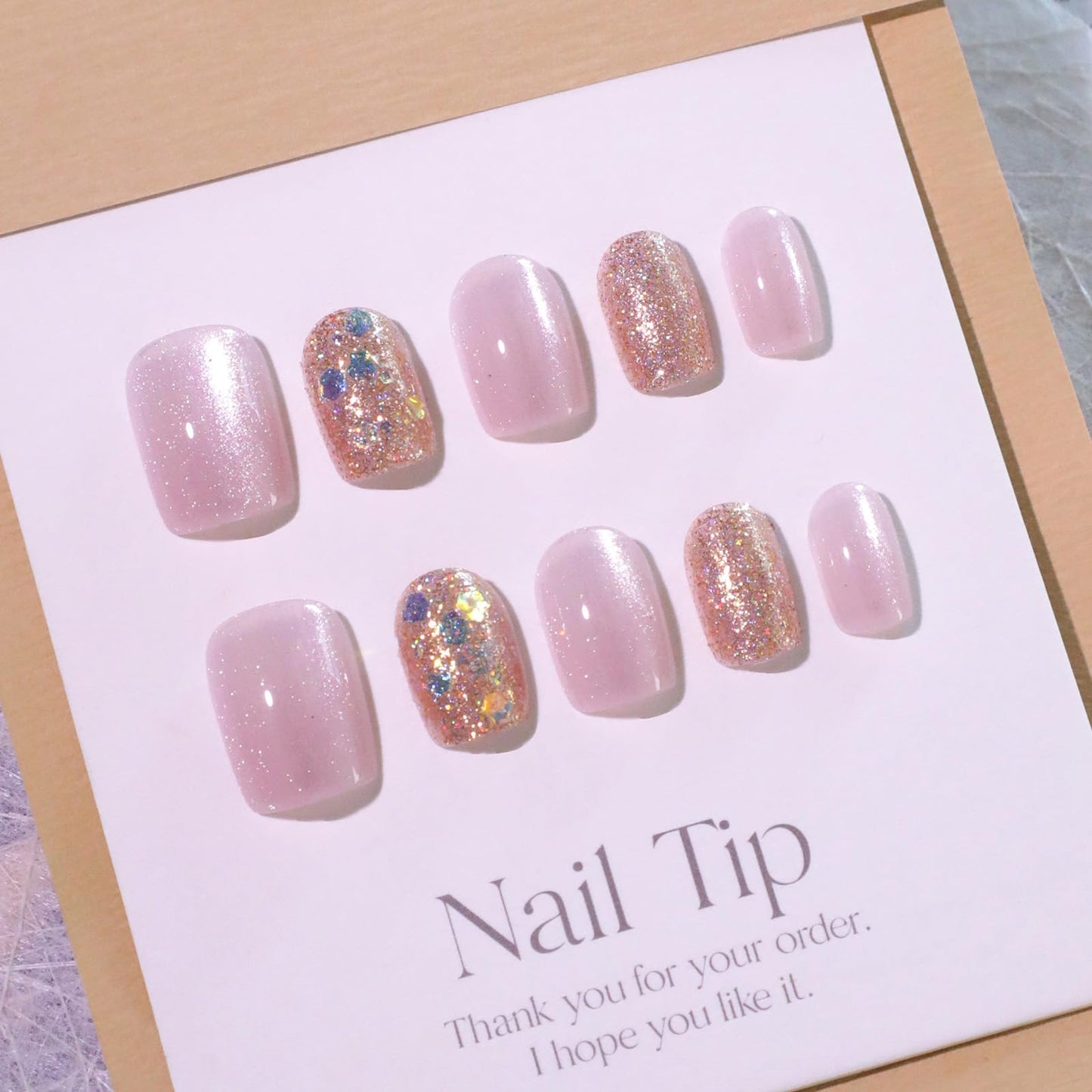 Stbisen 24PCS Short Square Press On Nails, Pink Jelly Glitter Fake Nails, Reusable Short Length Stick On Nails with Iridescent Sparkle Design for Women DIY Salon Manicure