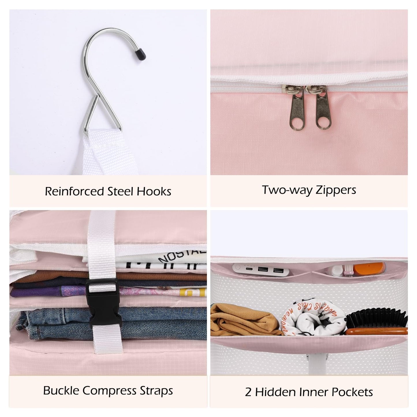 Surblue Hanging Closet Storage Bag Collapsible 3-Shelf Washable Oxford Fabric with 2 Hooks (L 11.41 * 11.41 * 19.68in, Pink)