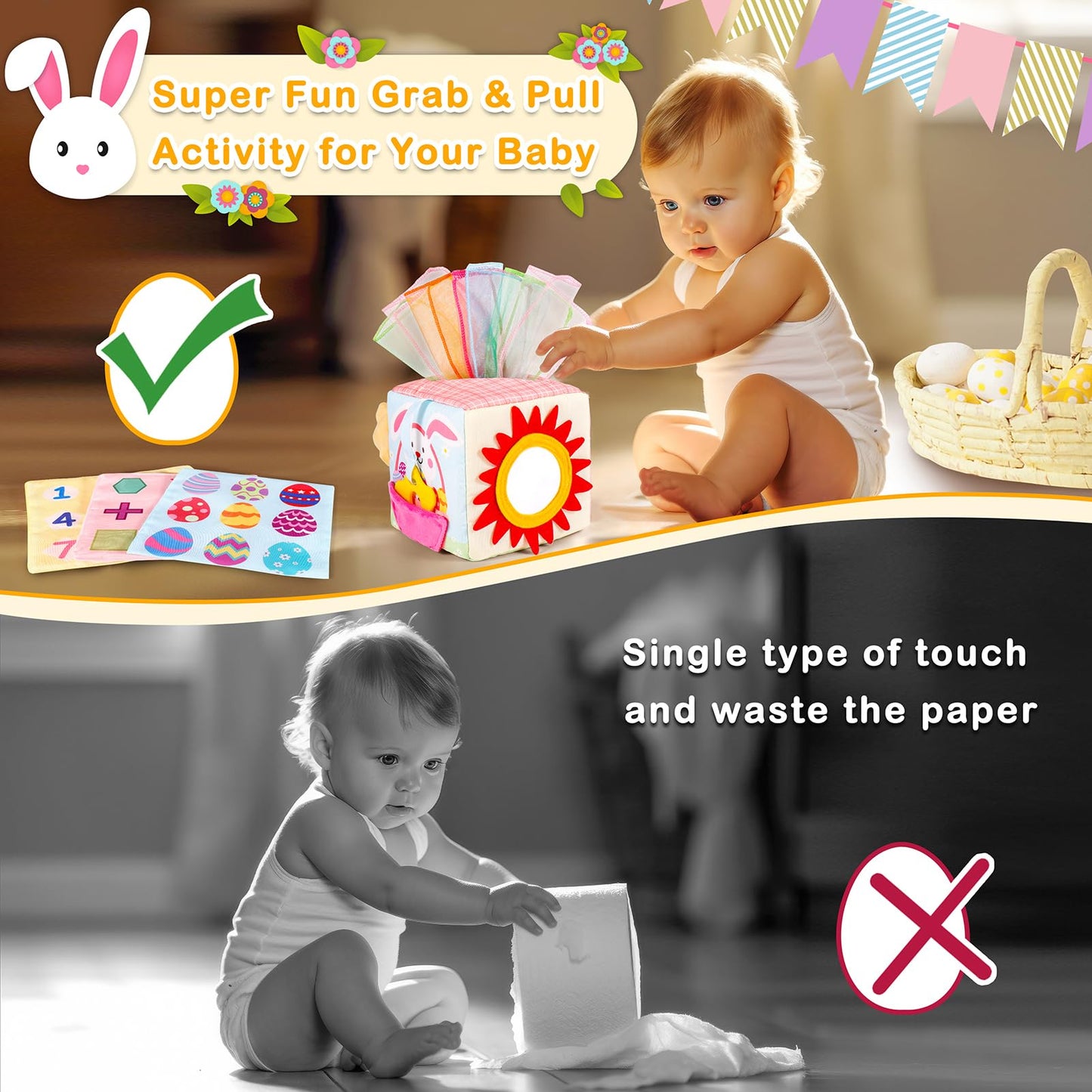 Melonegg Easter Baby Toys Montessori Toys Baby Tissue Box Toy for Babies 3 6 9 Months, Easter Gifts, Easter Basket Stuffers for Babies