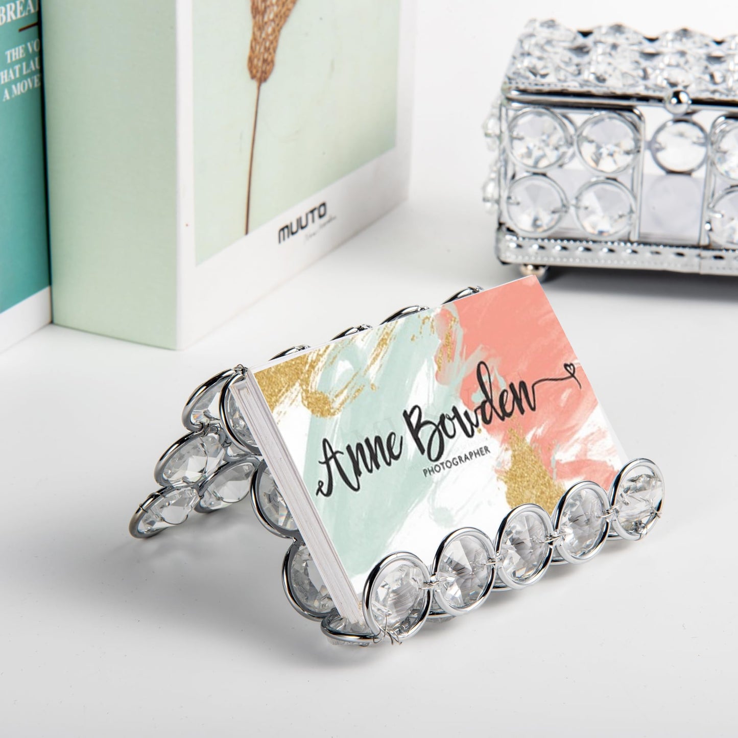 Feyarl Crystal Business Card Holder Stand Office Business Name Cards Display Sparkly Desktop Gift Card Photo Organizer Storage for Office Meeting Desk Front