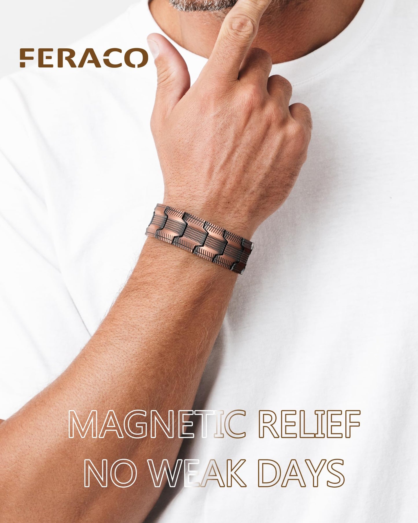 Feraco Copper Bracelet for Men, 3X Strength Magnetic Therapy Cooper Bracelet with Powerful 3800 Gauss Magnets,Copper Jewelry with Tyre-Carved Pattern