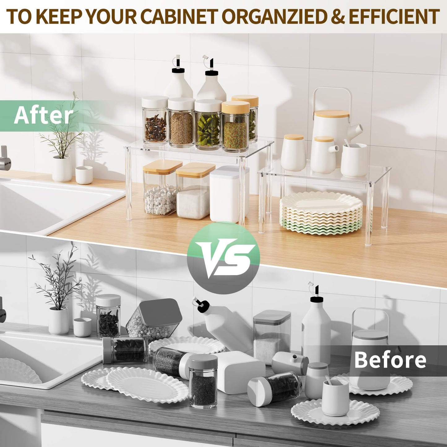NESTRAXO 4Pack Acrylic Cabinet Organizer, Clear Cabinet Organizer Shelf, Spice Rack Organizer for Cabinet for Dishes, Spices, Soda Cans and Bottles, Stackable Shelves House Essentials for Gift