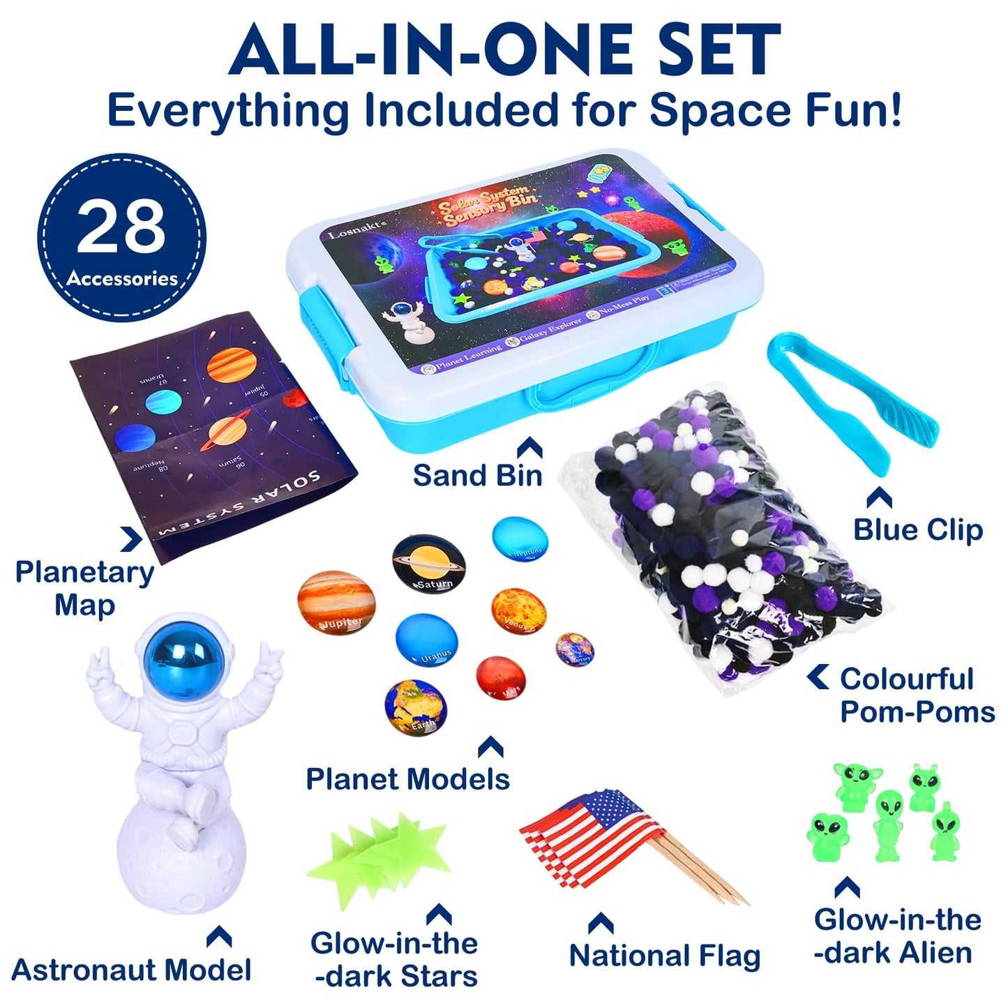 Losnakt Space Sensory Bin for Toddler, Science Themed with 8 Planets & Star Map, No-Mess Soft Pom Poms for Preschool Learning, Gifts for Boys Girls Age 3 4 5 6+