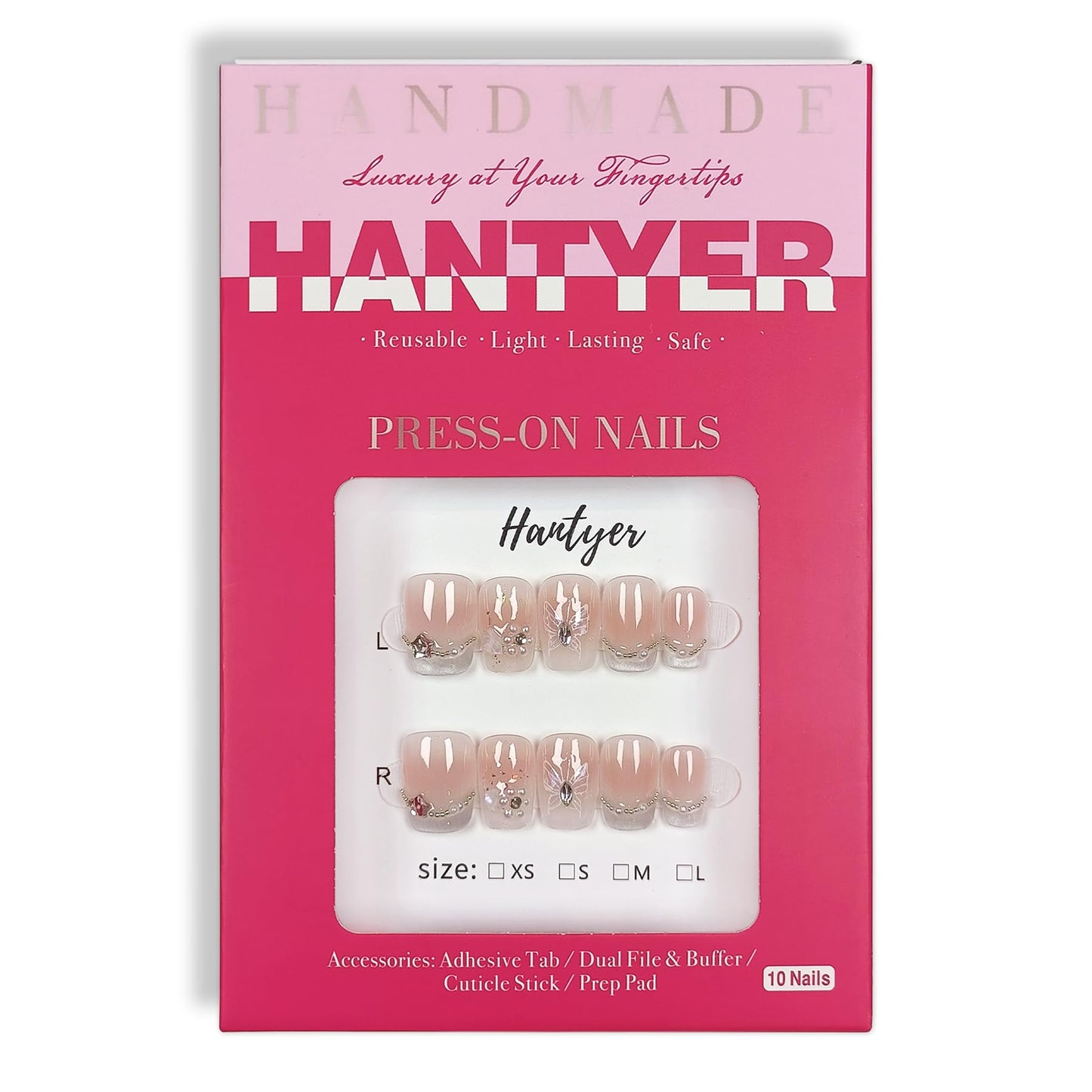 Hantyer Handmade Press On Nails Short Square,Acrylic French Crystal Cat Eye & Chain Pearl Butterfly Design Fake Nails,Cute Korean Pink False Nails 10PCS with Tools Kit for Women Daily (Size M)