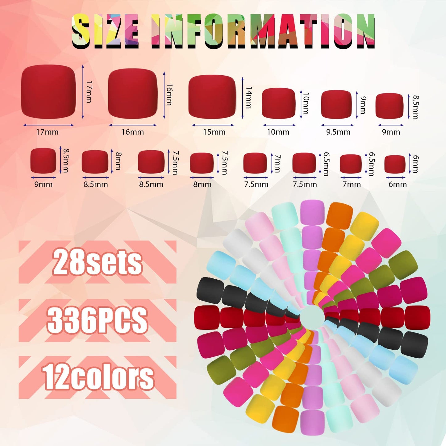 Maitys 336 Pieces 12 Sets Toenail Press on Fake Toe Nails Short Square False Glue on Solid Color Full Cover Press Nails Matte Fake Toenails for Women(Fresh Colors)