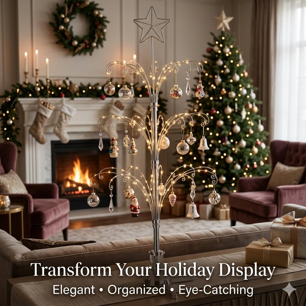HOHIYA 47" Rotating Ornament Display Tree with 60 Hooks Heavy Duty Metal Christmas Ornament Stand Silver Rotating Display Rack for Glass Ornaments Holiday Decor Craft Show & Year Round Display