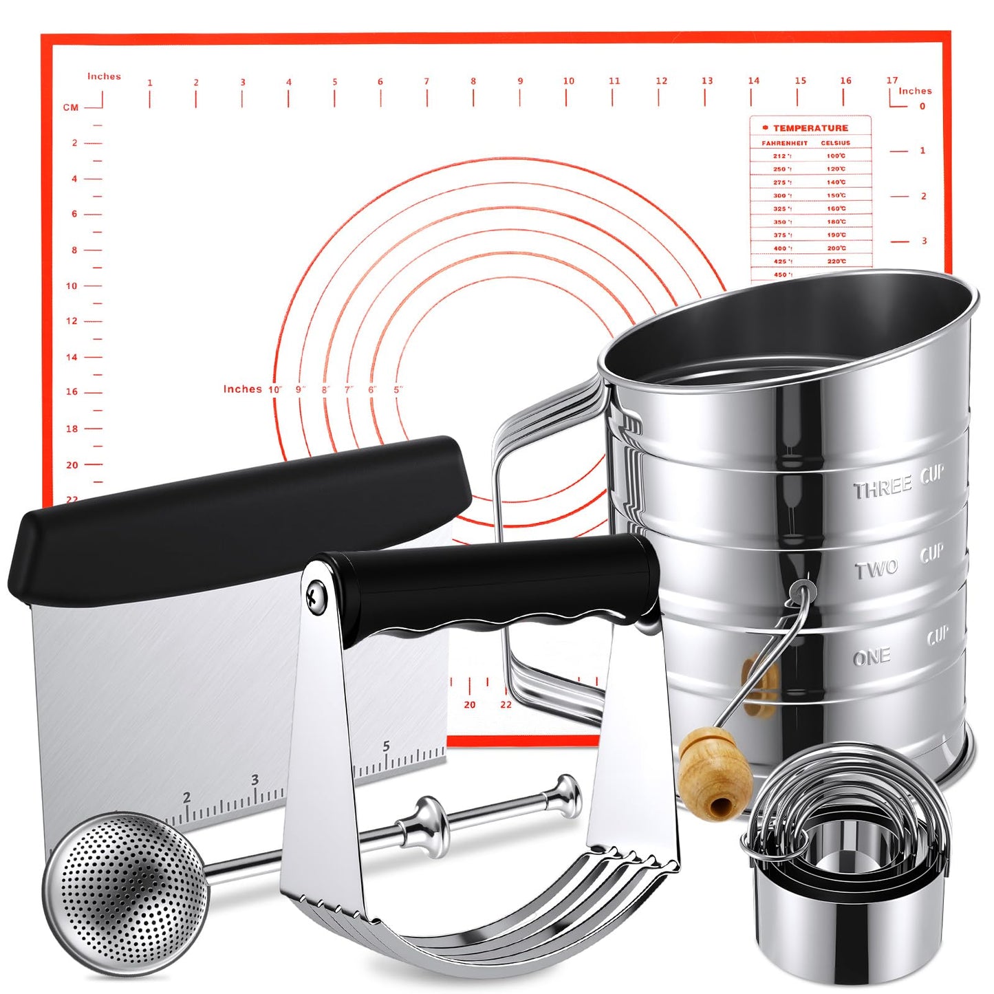 Teecyhooo 10 Pcs Stainless Steel Pastry Biscuit Cutter Set Include 3 Cup Flour Sifter Biscuit Cutter Pastry Scraper Dough Scraper Silicone Baking Mat Fine Mesh Strainer for Cooking Cookies Donuts Cake