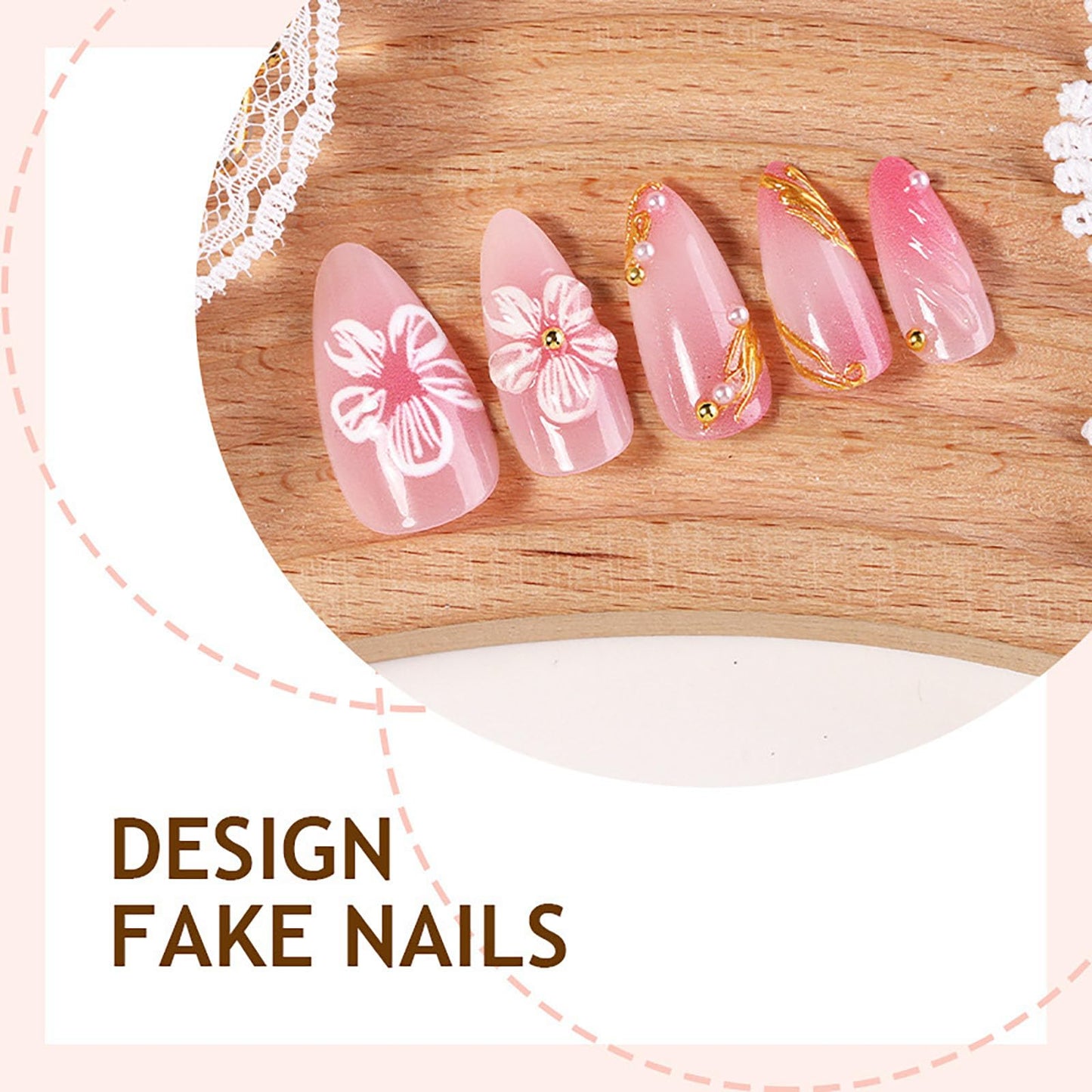 RUOKEXIN Long Press on Nails Almond Fake Nails Pink Ombre False Nails with 3D Flower Designs Spring Summer Nail Press ons Sparkly Artificial Nails for Women 24Pcs