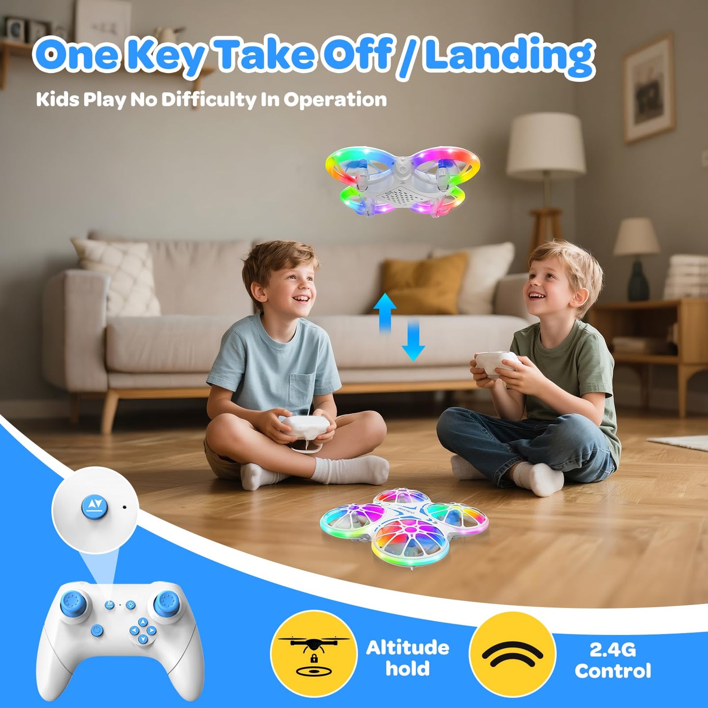 Mini Drones For Kids Beginners - With LED Lights And 2 Batteries, Remote Control RC Quadcopter with Altitude Hold and 3D Flips,Full Propeller Protect,Boys Toys Gifts(Blue)