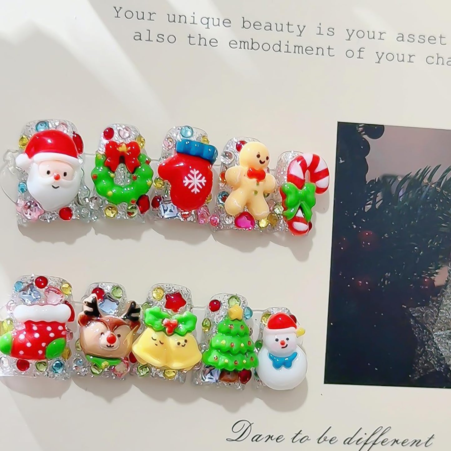 Christmas Press on Nails Luxury Short Duck Handmade 3D Unique Reusable ABS Material Fake Nails Cute False Nails with Santa Reindeer Tree Snowflake Designs Glossy Glue on Nail Thick Acrylic Nail(M)