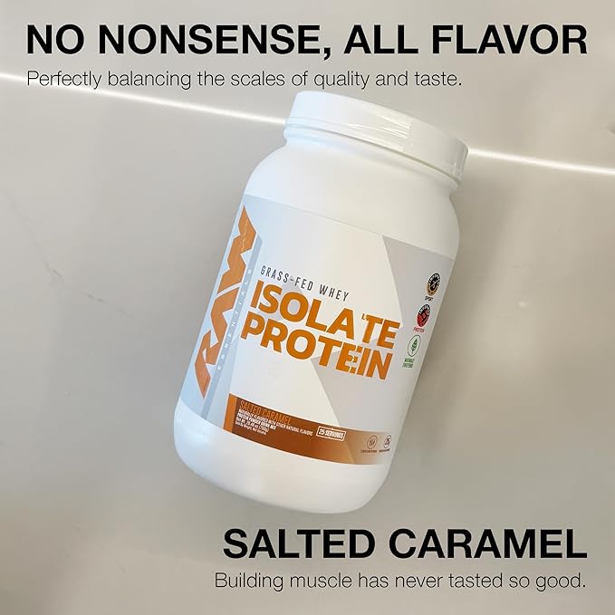 RAW Whey Isolate Protein Powder, Salted Caramel - 100% Grass-Fed Sports Nutrition Whey Protein Powder for Muscle Growth & Recovery - Low-Fat, Low Carb, Naturally Flavored & Sweetened - 25 Servings