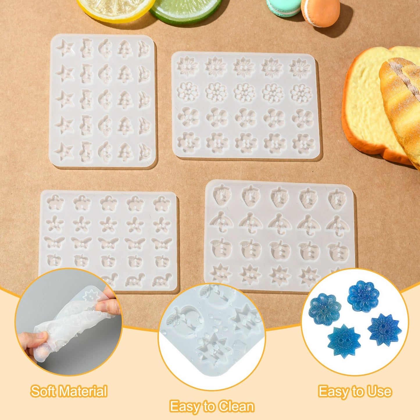 Stiesy 4 Pcs Button Silicone Molds Fruit Flower Star Shape Buttons Charms Epoxy Resin Mould for Resin Jewelry Casting Mold DIY Sewing Craft Decorations Making Tool