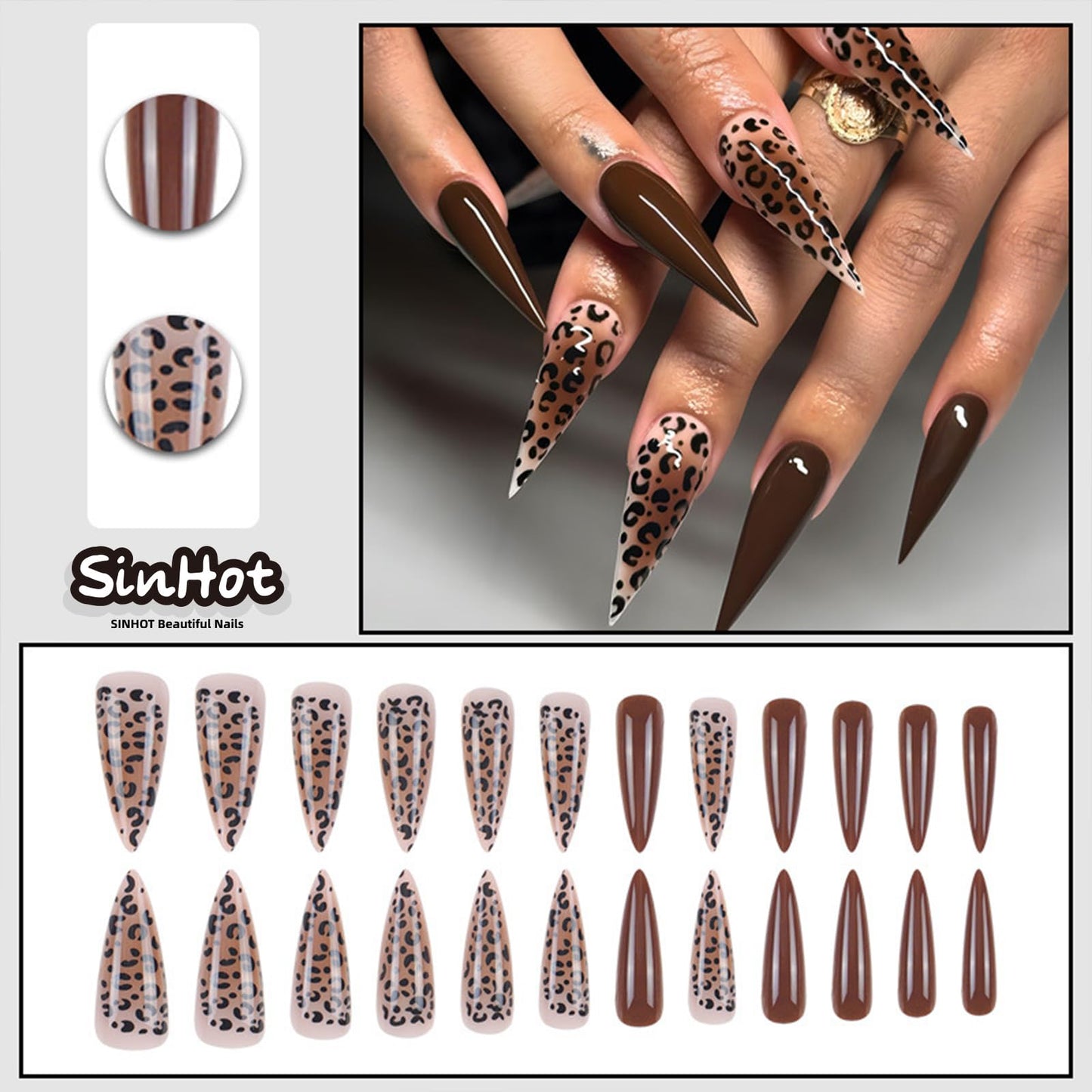 SINHOT Stiletto Press on Nails - Long Fake Nails, Glossy Finish, Brown Ombre & Leoprad Pattern, DIY Artificial False Nail Art - 24 Pcs Nail Kit with Glue