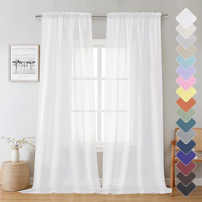 Lecloud White Sheer Curtains 90 Inches Long 2 Panels, Farmhouse Voile Window Drapes Rod Pocket, Elegant Airy Sheer White Curtains for Living Room Bedroom, Each Panel 42 X 90 Inch