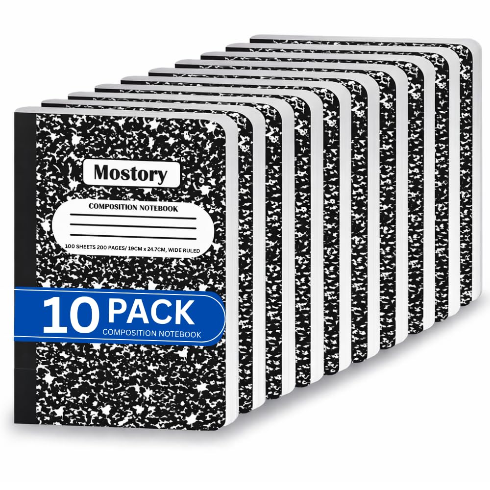 MOSTORY Pack of 10 Composition Notebook - Wide Ruled 200 Pages (100 Sheets), Size 7.5" x 9.75", Bulk School Supplies, Office, Bulk Notebooks for School, Writing Journal Notebook with Lined Paper