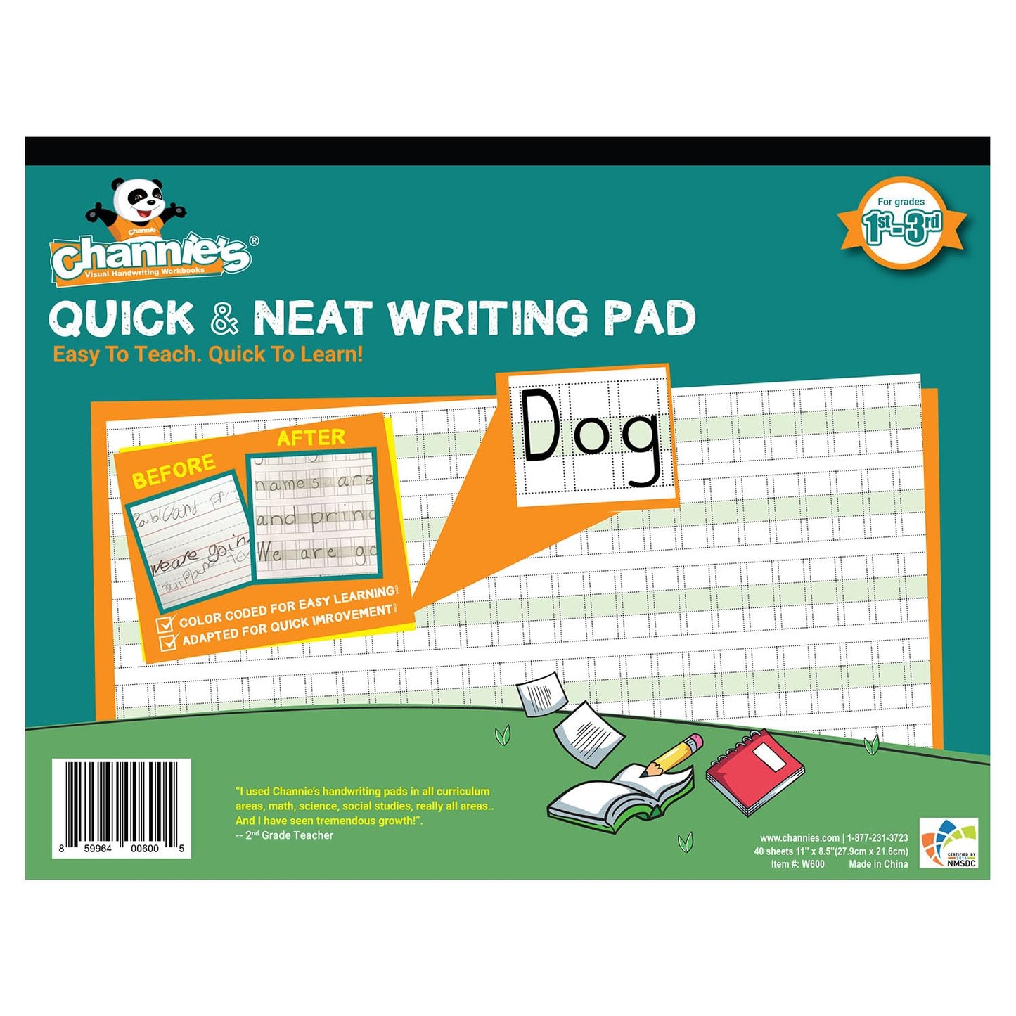 Channie's Quick & Neat Writing Pad, Practical Kids Handwriting Practice Workbook, 40 Color-Coded Double-Sided Worksheets for Easy Learning, Improves Penmanship & Writing Skills
