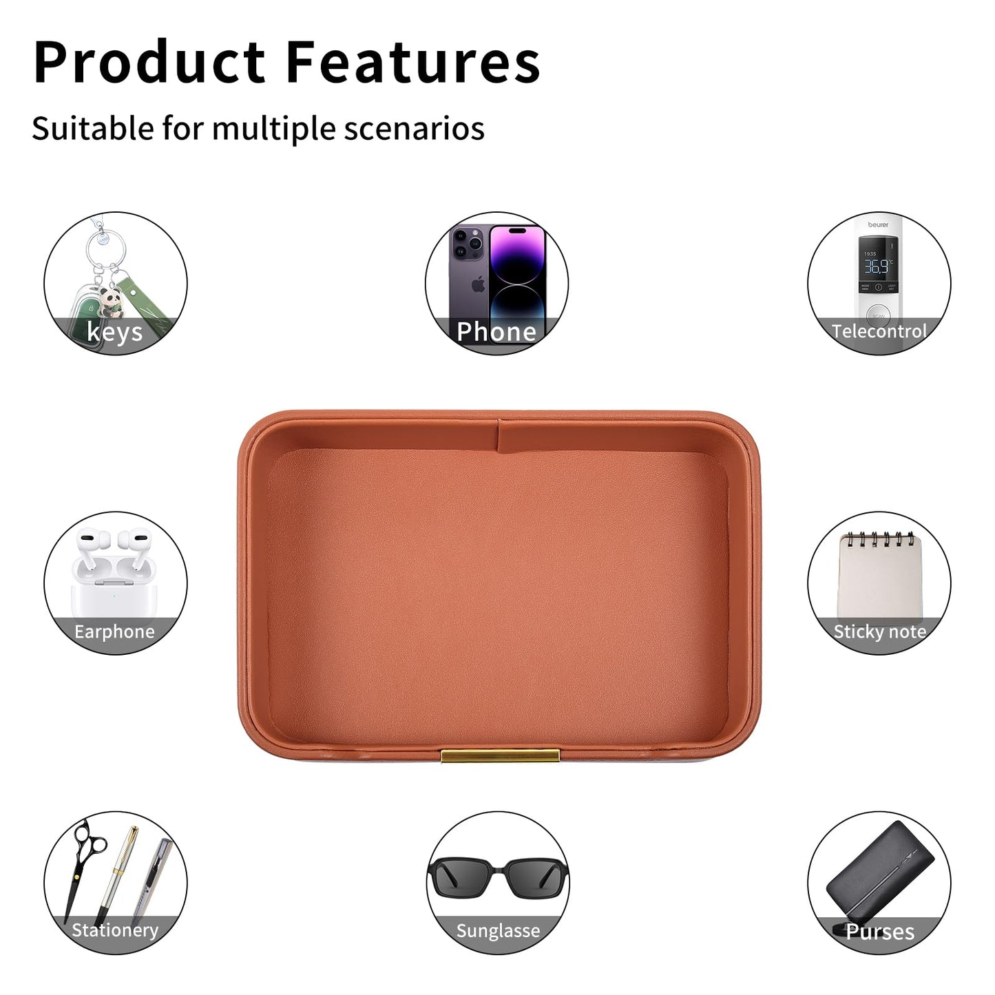 RHCSZ Luxury Leather Valet Tray Desktop Storage Organizer,Bedside Vanity Catchall Tray Nightstand Caddy Holder for Cosmetic,Jewelry,Watch,Keys,Phone,Wallet,Remote Controller,Pen,Orange