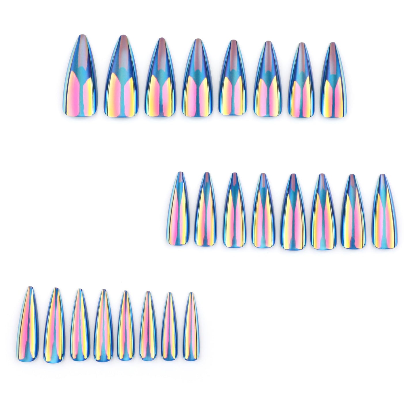 MERVF Long Press on Nails Stiletto Fake Nails Blue Cat Eye Glue ons with Electroplate Chrome Design Almond Acrylic False Nail for Women Glossy 24pcs