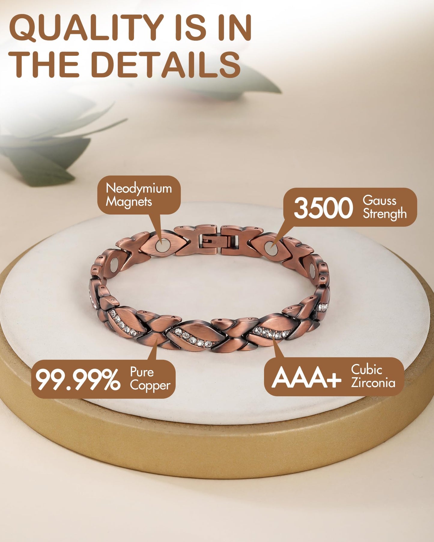 Feraco Copper Bracelet for Women 99.99% Solid Copper Magnetic Bracelets, Unique X Shape Links, Magnetic Field Therapy Jewelry Gifts (X with Crystals)