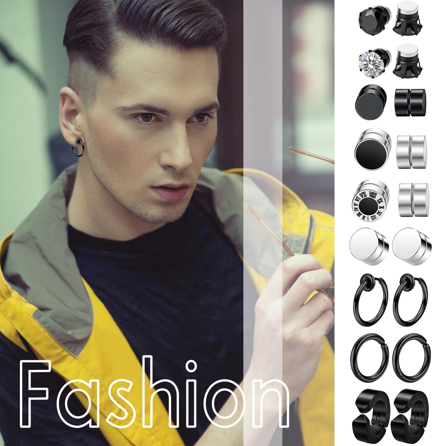 Non-piercing Magnetic Punk Earrings Set: 18PCS Stainless Steel Fake Cheater Studs Clip On Jewelry Set for Men Women