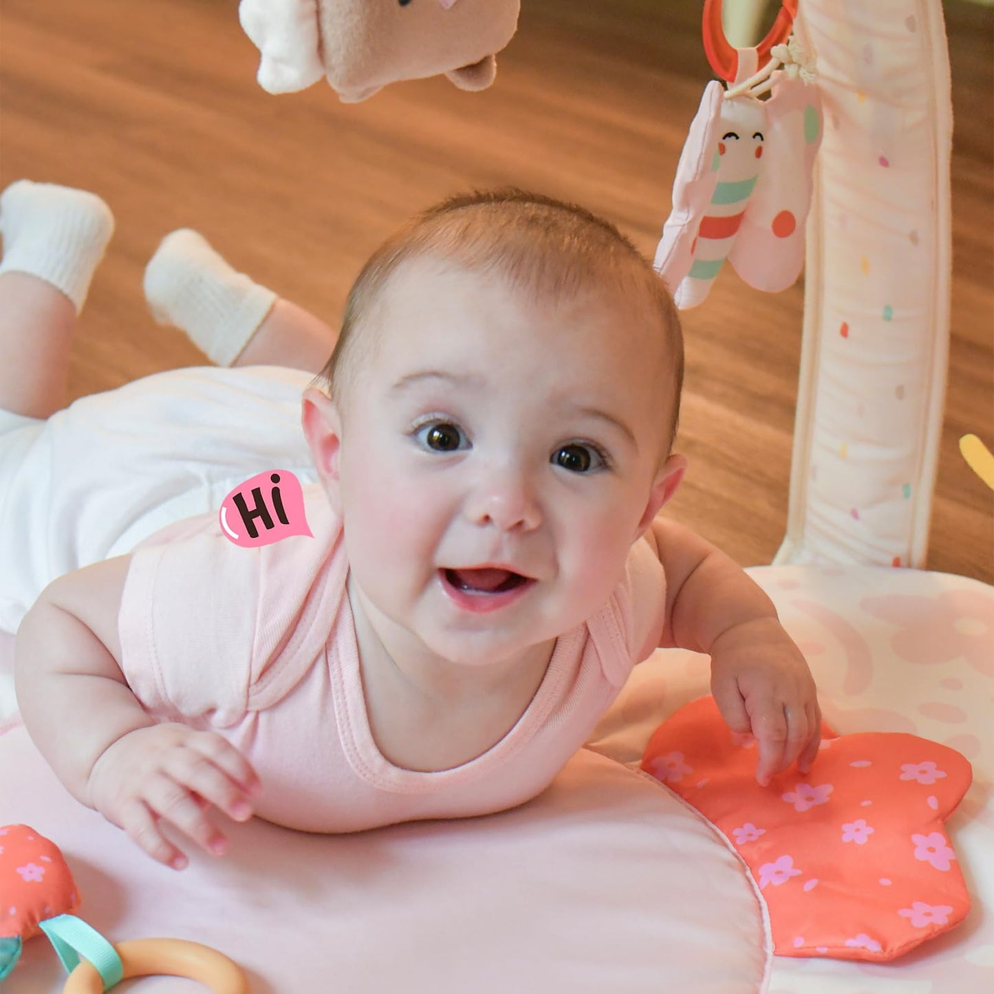 Baby Play Gym & Activity Mat with Light-up Musical Arch, Washable Tummy Time Mat with 6 Detachable Sensory Toys for Motor Skills, Baby Essentials Shower Gift - Updated Spring Blossoms Themed