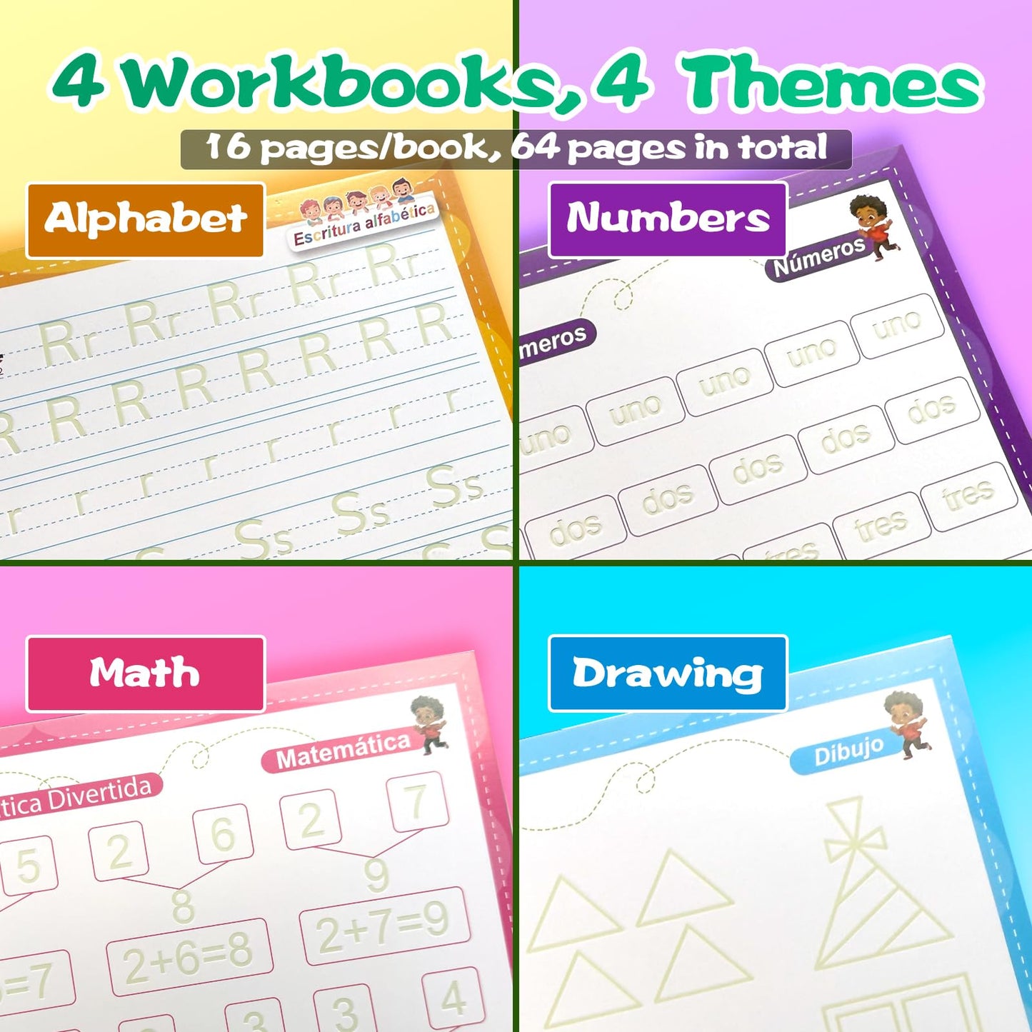 KILOGOGRAPH Magic Grooved Writing Practice for Kids - A4 Big Size Spanish Pre K Tracing Practice Book, Reusable Preschool Handwriting Workbooks Without Tears, 4-Theme Copybooks Pen (Spanish, Big)