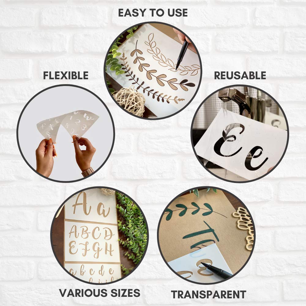 Boutique Calligraphy Stencil Template Kit | 45 Reusable Pieces | Lettering Upper, Lowercase, Large & Small | Numbers, Punctuation, Laurels and Flowers - For Arts Crafts Painting Wood (Calligraphy Kit)