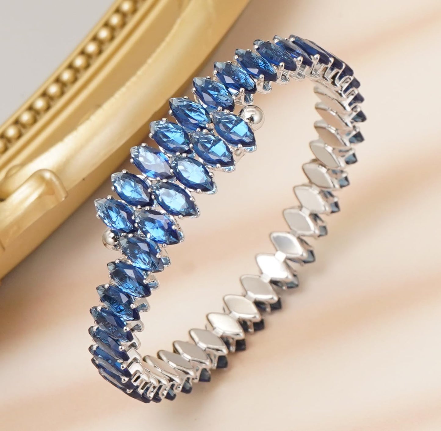 Wovanoo Rhinestone Cuff Bracelet Cubic Zirconia Tennis Bracelets Open Adjustable Bangle for Women Silver Blue