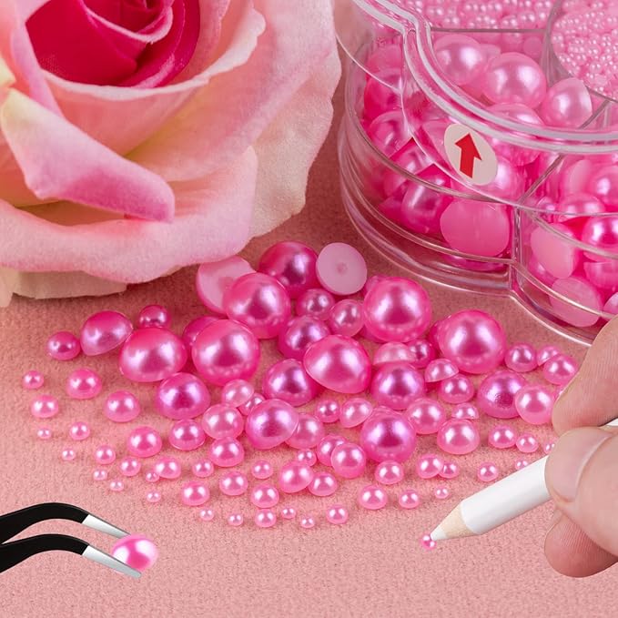 Nail Art Flat Back Half Round Pearl Kits 25, 1 Box of 6000 Pcs Flat-Back Peach Pearl with Tweezer and Picker Pencil for Home DIY Nails Body Face Craft and Salon Use