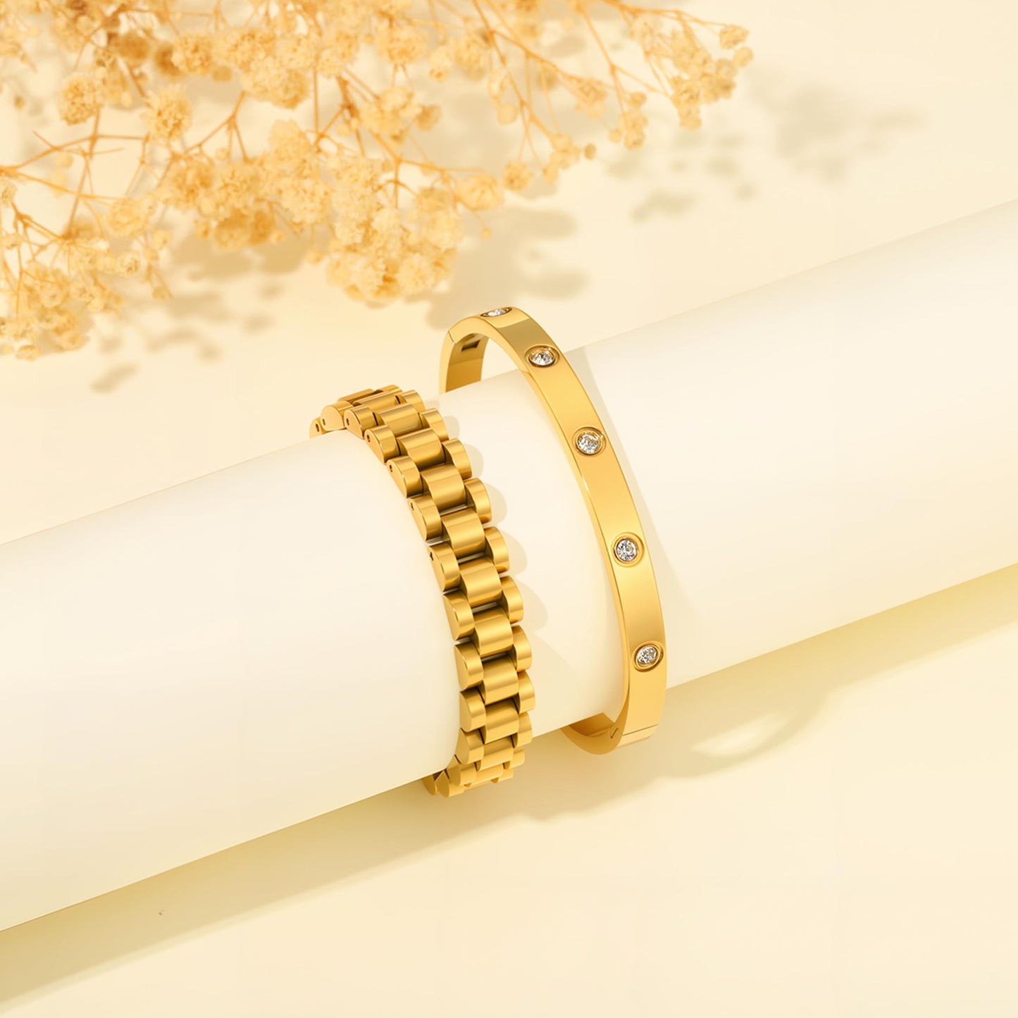 2PCS Gold Chain Link Watch Bracelet Set,18K Gold Plated Stackable Bracelets for Women,Stainless Steel Jewelry with Adjustable Tool, Non-Tarnish Friendship Love Bracelet Gift for Her. (2pcs-A Gold)