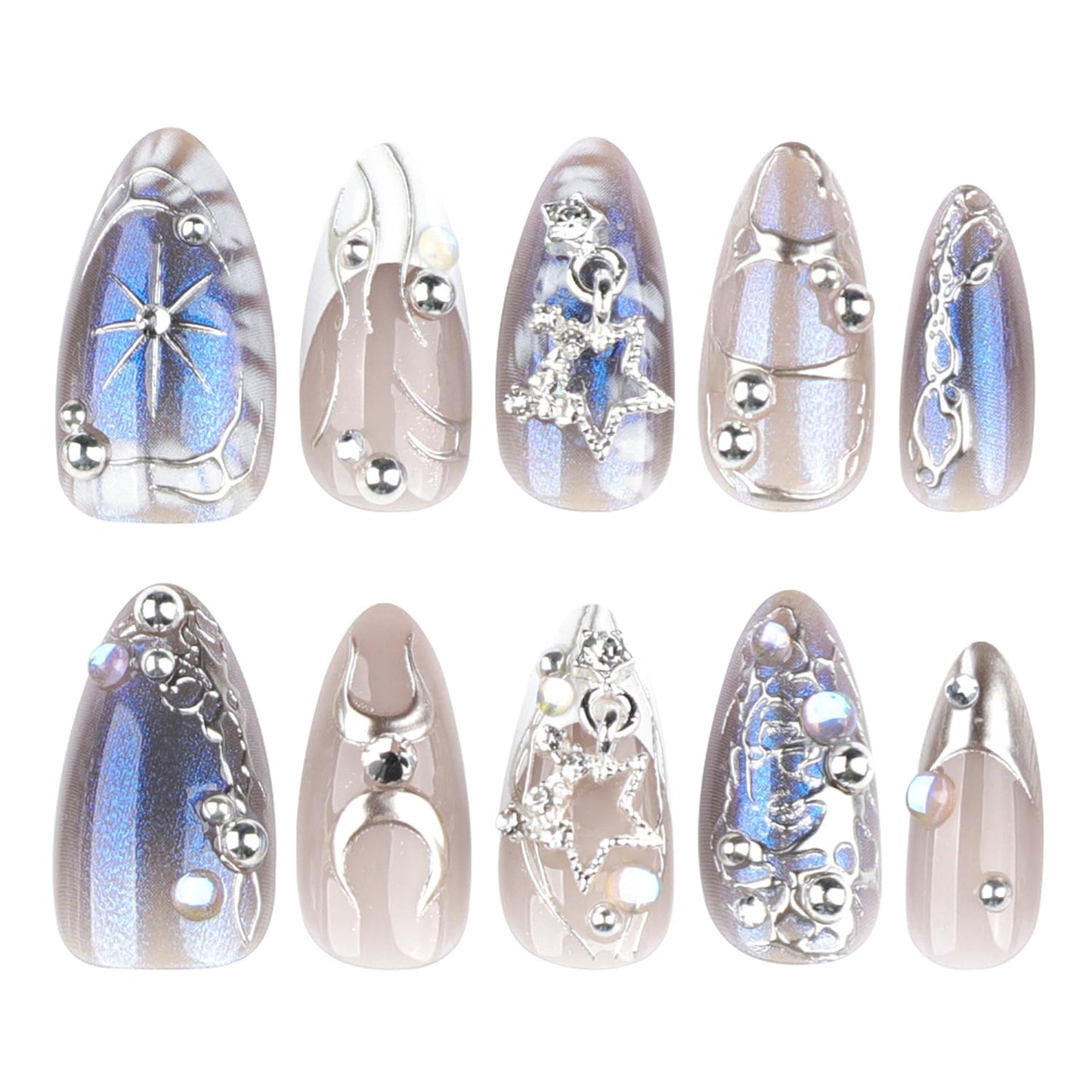 Gothic Chrome Press On Nails with Charms Medium Almond Fake Nails with French Silver 3D Star Art Tip lrregular Designs Handmade Goth Y2K False Nail Stick On Nails for Women 24Pcs