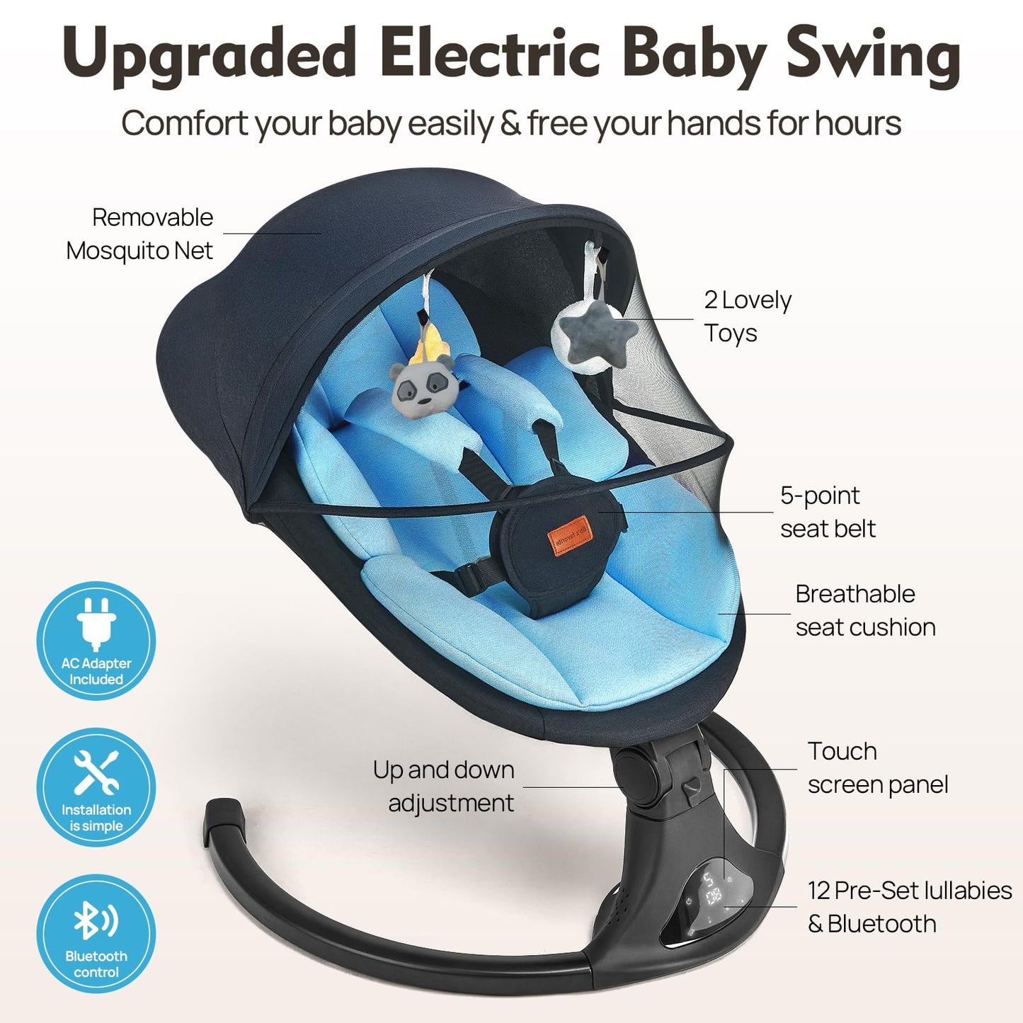 Baby Swing for Infants, Bluetooth Electric Infant Swing with 5 Speed Motions, 12 Soothing Melodies & Remote Control, Portable for Newborns 0-9 Months (Max 20 lbs, Blue)