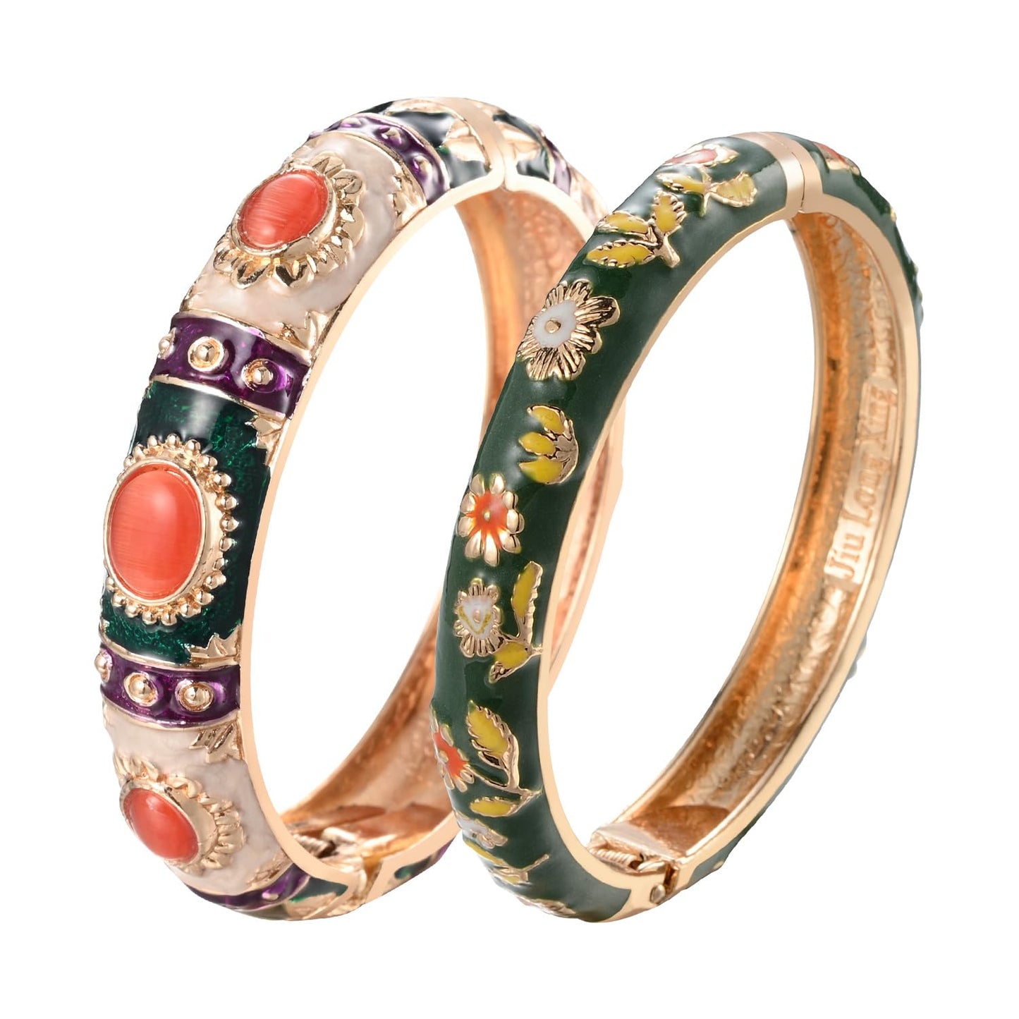 UJOY Cloisonne Couple Colors Bracelets Sunflower Enameled Spring Hinged Cuff Bangles Womens Gifts Jewelry 7735-55A18 Cream Green