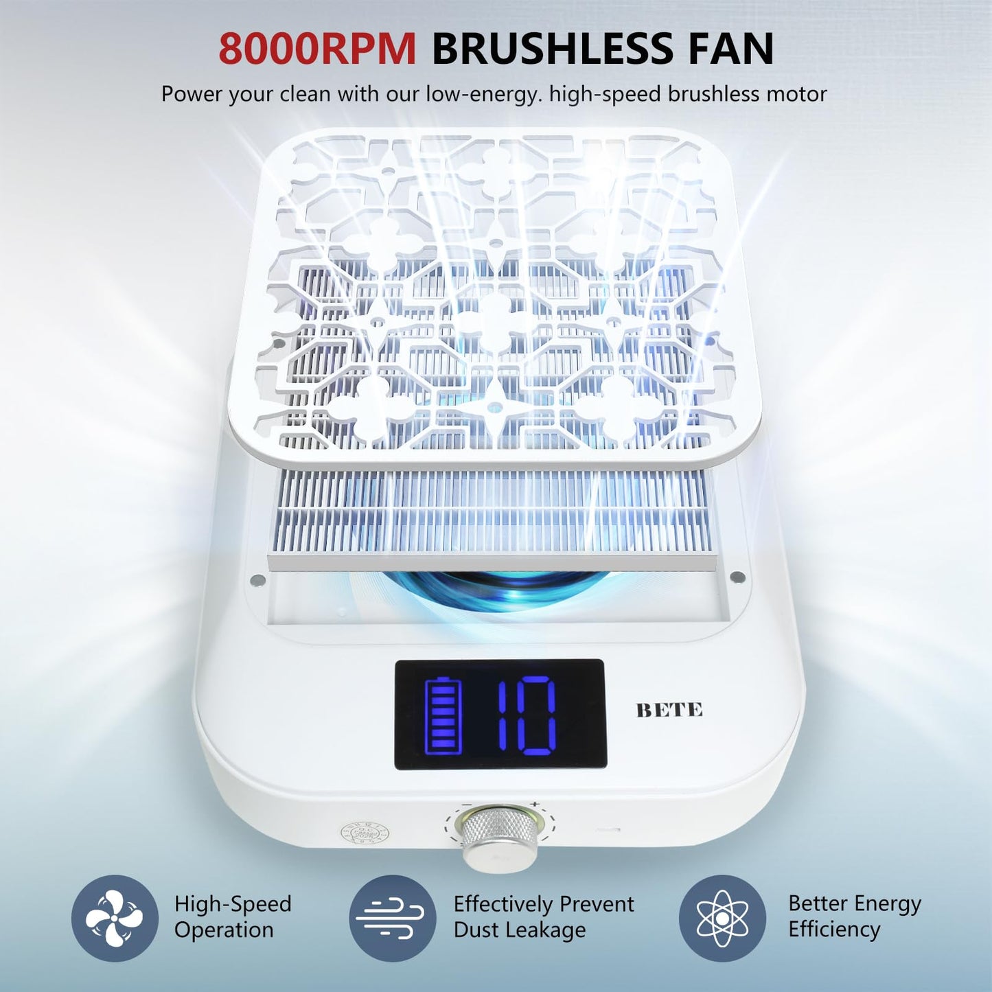BETE Cordless Nail Dust Collector, 1800PA Powerful & Quiet Suction for Acrylic Nails Polishing, Rechargeable 6600mAh Battery with LED Display & Adjustable Speed, Perfect for Salon and Home Use, White