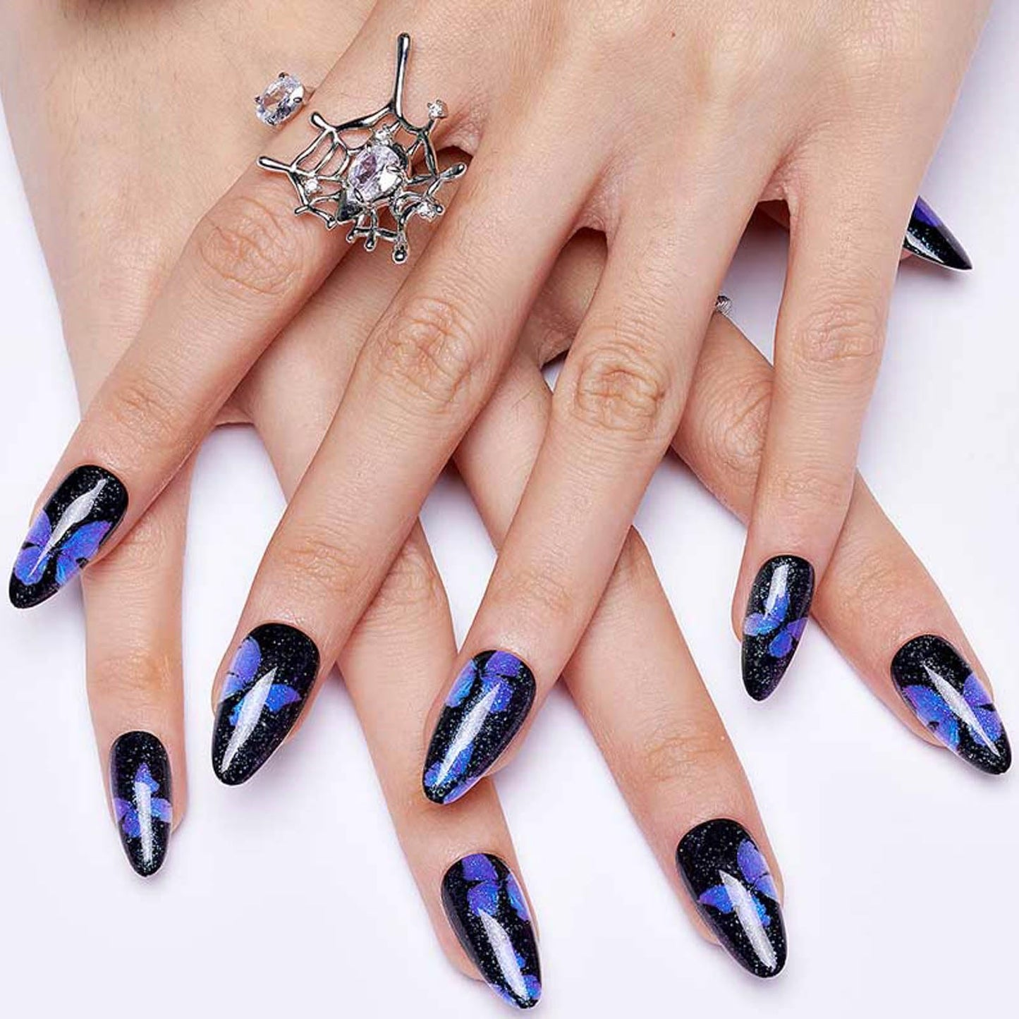 GLAMERMAID Press on Nails Almond，Gothic Blue and Nude Glue on Nails Set,48 Pcs Glossy Short Press on Nails with Butterfly Design,False Nails for Women Girls Gift