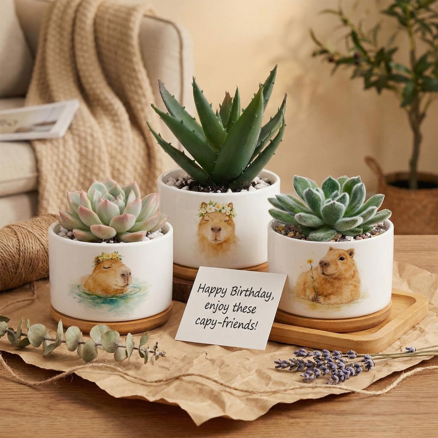 Jingmore 3 Pcs Capybara Decor Gift for Women Planter Ceramic Gift Animal Plant Pot with Bamboo Tray for Office Home Farm House Bathroom Kitchen Christmas Decorations (No Plants Included)